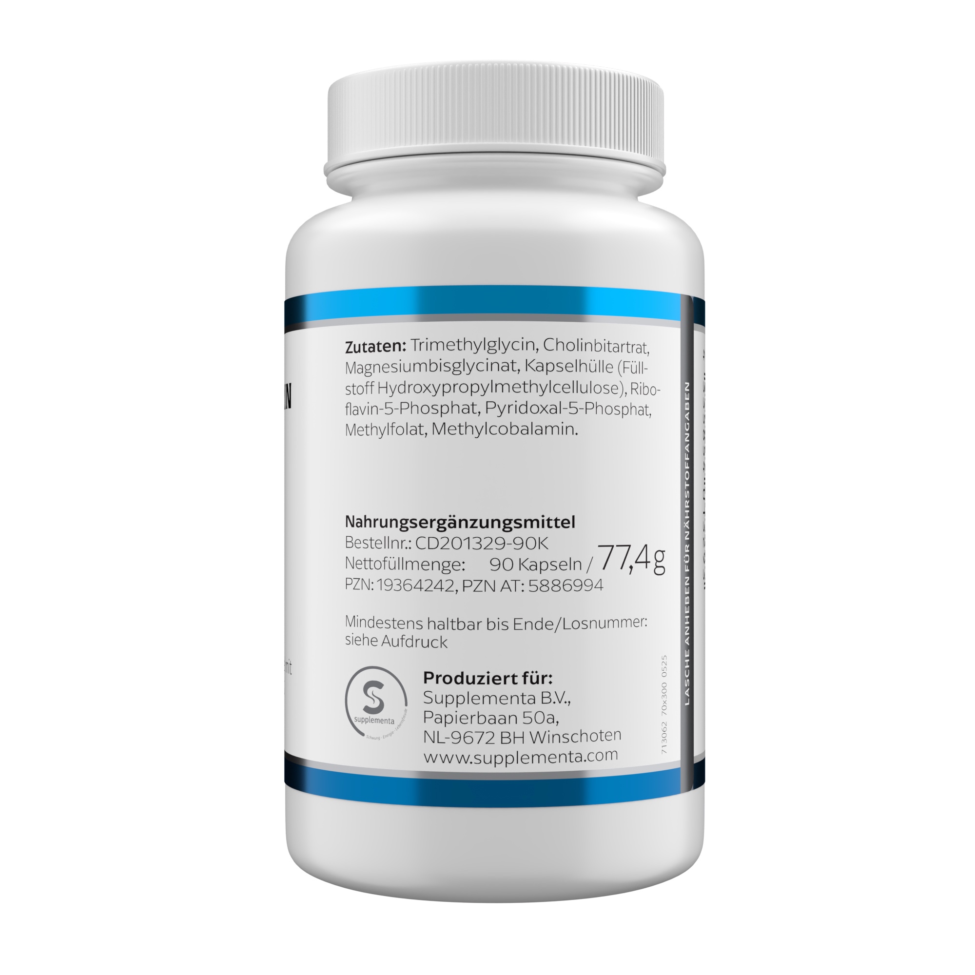 Produktfoto: Eine weiße Plastikflasche mit einem blauen Etikett, auf dem “HOMOCYSTRIN + TMG“ steht. Darunter ist das Logo von Klean Labs zu sehen. Das Produkt wird als Nahrungsergänzungsmittel mit B-Vitaminen und TMG beschrieben. Die Flasche enthält 90 Kapseln.