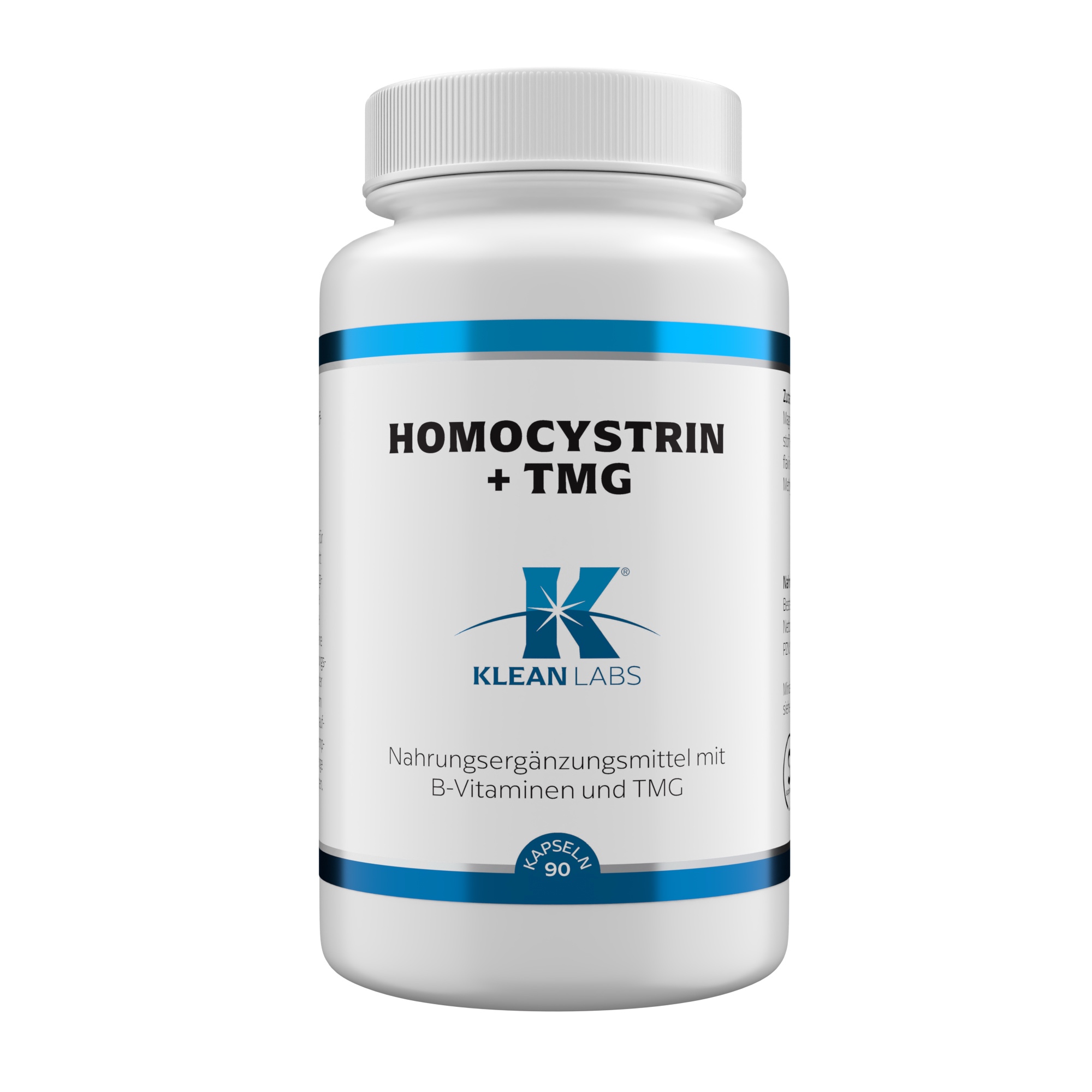 Produktfoto: Eine weiße Plastikflasche mit einem blauen Etikett, auf dem “HOMOCYSTRIN + TMG“ steht. Darunter ist das Logo von Klean Labs zu sehen. Das Produkt wird als Nahrungsergänzungsmittel mit B-Vitaminen und TMG beschrieben. Die Flasche enthält 90 Kapseln.