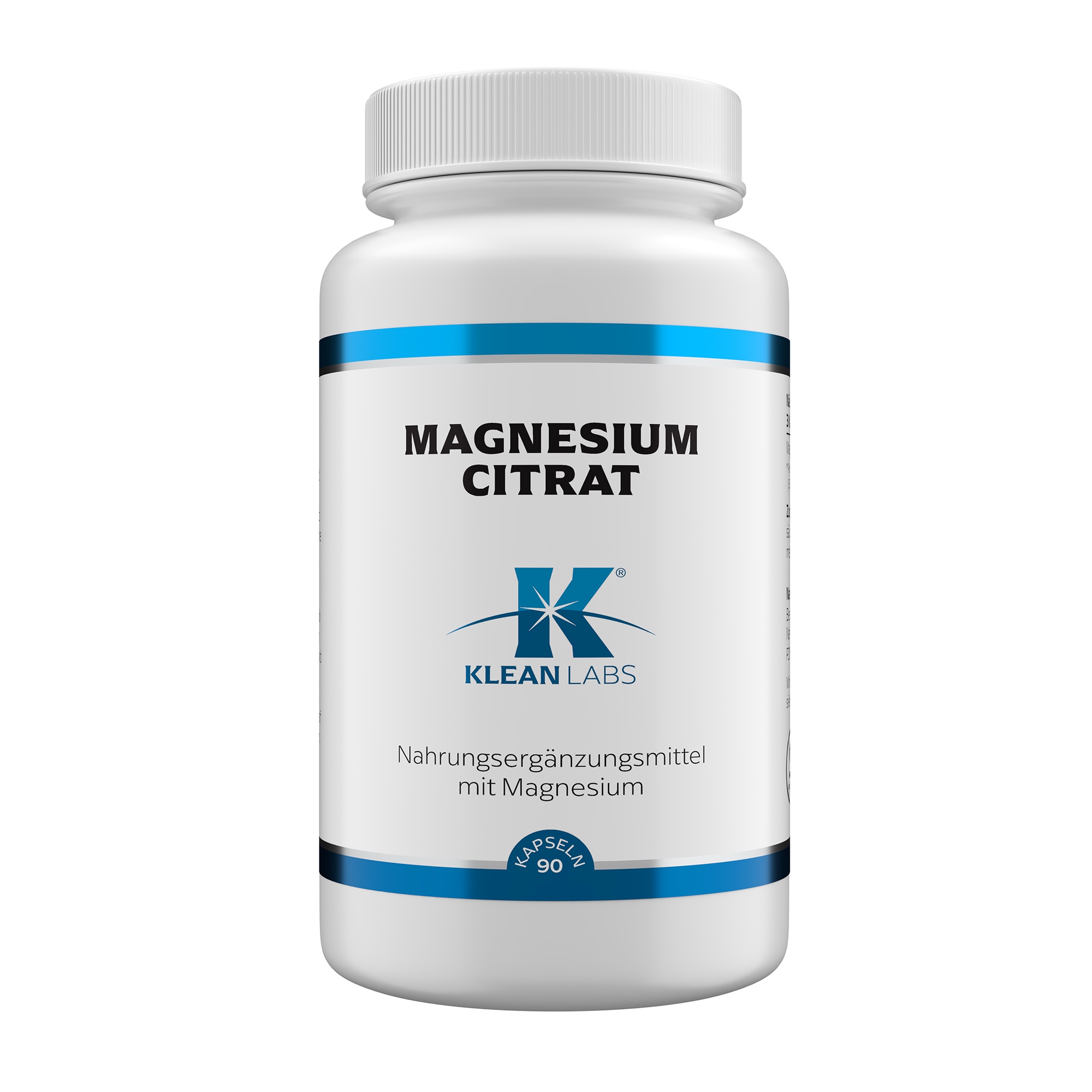 Produktfoto: Eine weiße Plastikflasche mit blauem Etikett, auf dem 'MAGNESIUM CITRAT' steht. Darunter das Logo von 'KLEAN LABS'. Die Flasche enthält Nahrungsergänzungsmittel mit Magnesium.