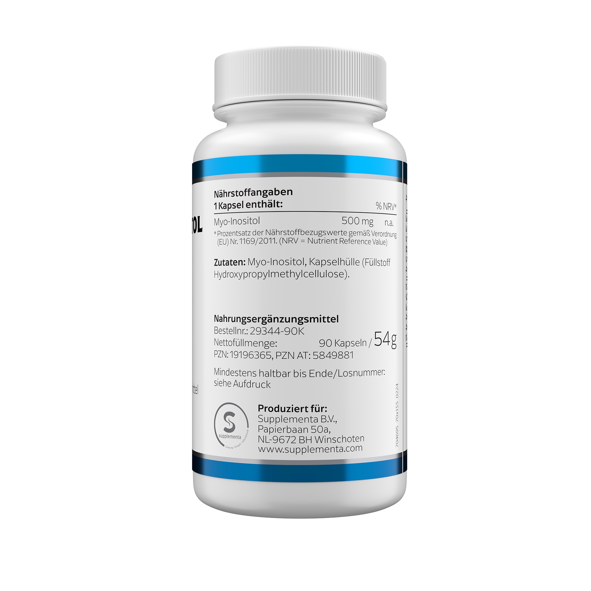 Produktfoto: Eine weiße Plastikflasche mit blauem Etikett, auf dem “MYO-INOSITOL 500 mg“ steht. Darunter das Logo “KLEAN LABS“. Die Flasche enthält Nahrungsergänzungsmittel.