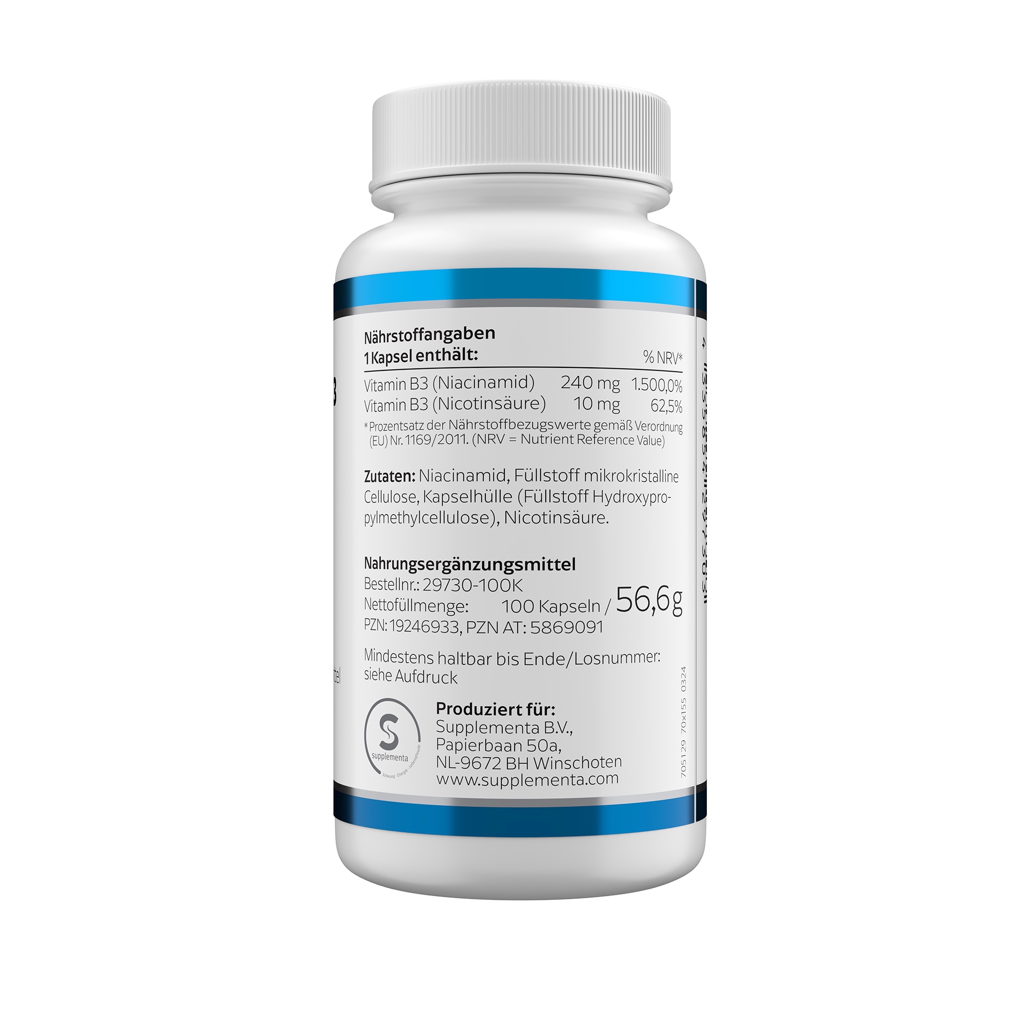 Produktfoto: Eine weiße Plastikflasche mit einem blauen Etikett, auf dem “Vitamin B3 250 mg“ und “Klean Labs“ steht. Die Flasche enthält 100 Kapseln eines Nahrungsergänzungsmittels mit Vitamin B3.