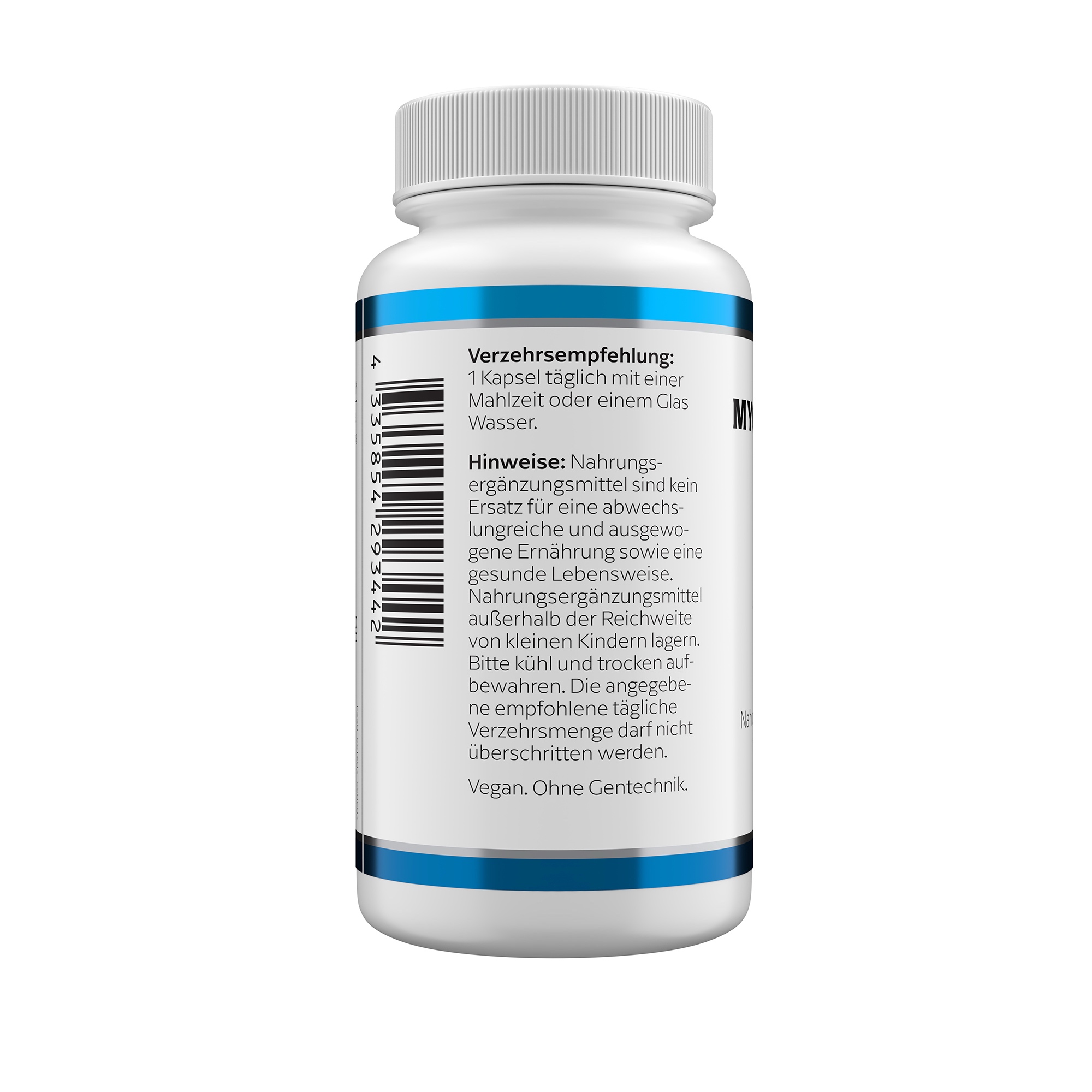 Produktfoto: Eine weiße Plastikflasche mit blauem Etikett, auf dem “MYO-INOSITOL 500 mg“ steht. Darunter das Logo “KLEAN LABS“. Die Flasche enthält Nahrungsergänzungsmittel.