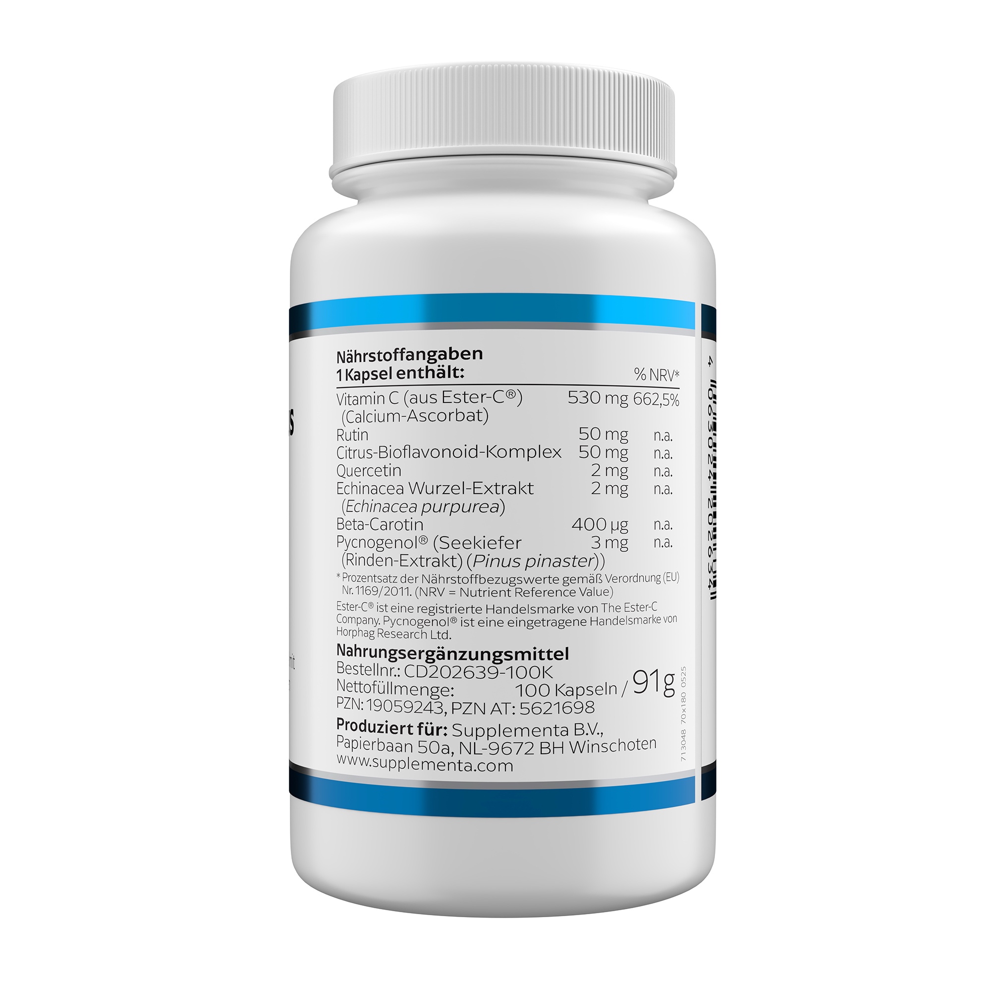 Produktfoto: Eine weiße Plastikflasche mit blauer Beschriftung auf einem schwarzen Hintergrund. Die Vorderseite zeigt den Text 'ESTER C® PLUS' und das Logo von Klean Labs. Darunter steht 'Nahrungsergänzungsmittel mit Vitamin C, Bioflavonoiden und Pflanzenextrakten'. Die Flasche enthält 100 Kapseln.