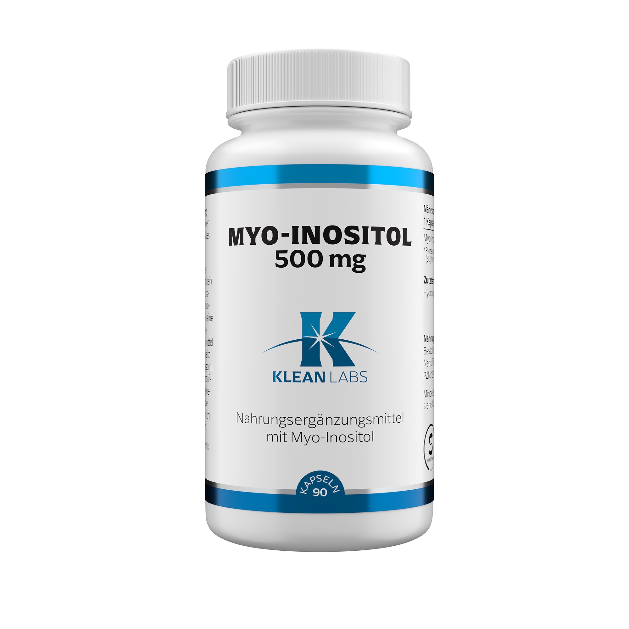 Produktfoto: Eine weiße Plastikflasche mit blauem Etikett, auf dem “MYO-INOSITOL 500 mg“ steht. Darunter das Logo “KLEAN LABS“. Die Flasche enthält Nahrungsergänzungsmittel.