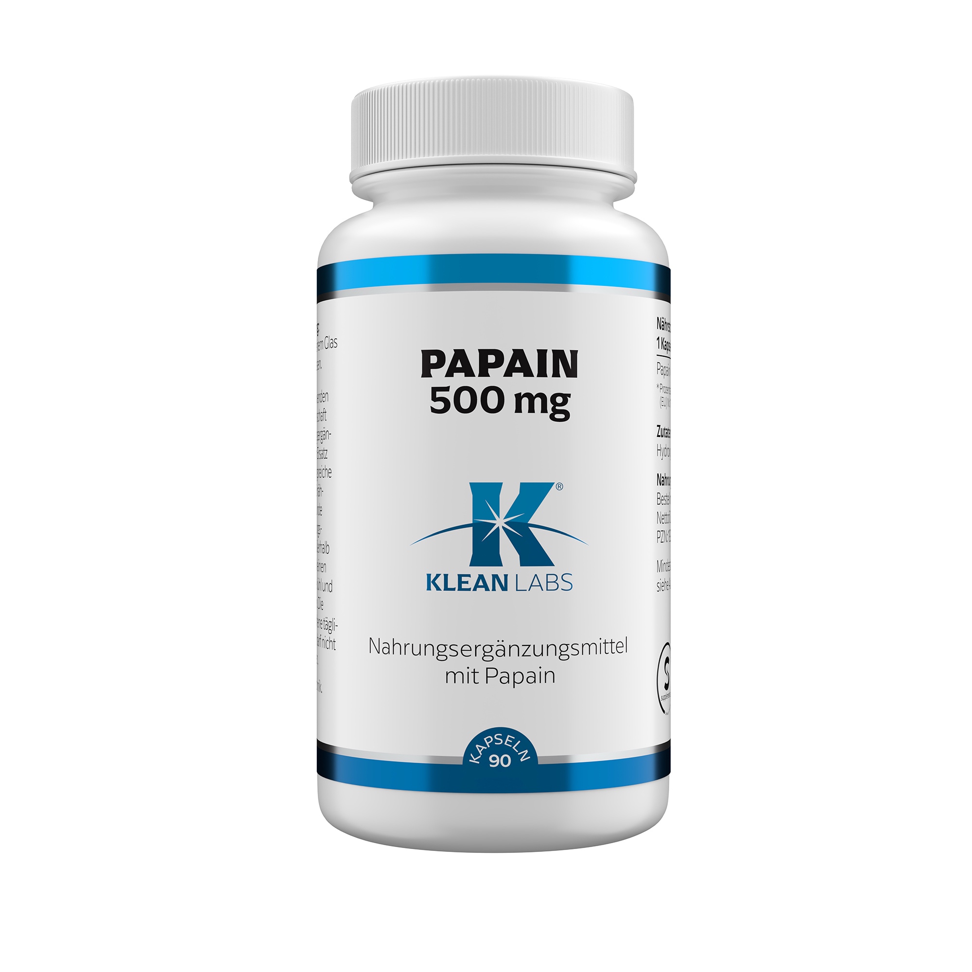 Produktfoto: Eine weiße Flasche mit blauer Aufschrift von Klean Labs. Auf der Flasche steht 'Papain 500 mg'. Es handelt sich um ein Nahrungsergänzungsmittel in Kapselform. Die Flasche hat ein blaues Etikett mit dem Logo von Klean Labs. Auf dem Etikett stehen Informationen zu den Inhaltsstoffen. Die Flasche enthält 90 Kapseln.