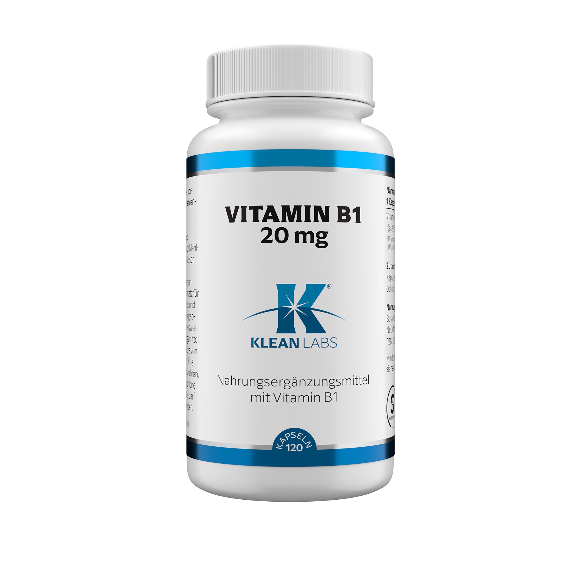 Produktfoto: Eine weiße Plastikflasche mit einem blauen Etikett, auf dem 'Vitamin B1 20 mg' und 'Klean Labs' steht. Es handelt sich um ein Nahrungsergänzungsmittel mit Vitamin B1. Die Flasche hat einen weißen Deckel und enthält 120 Kapseln.