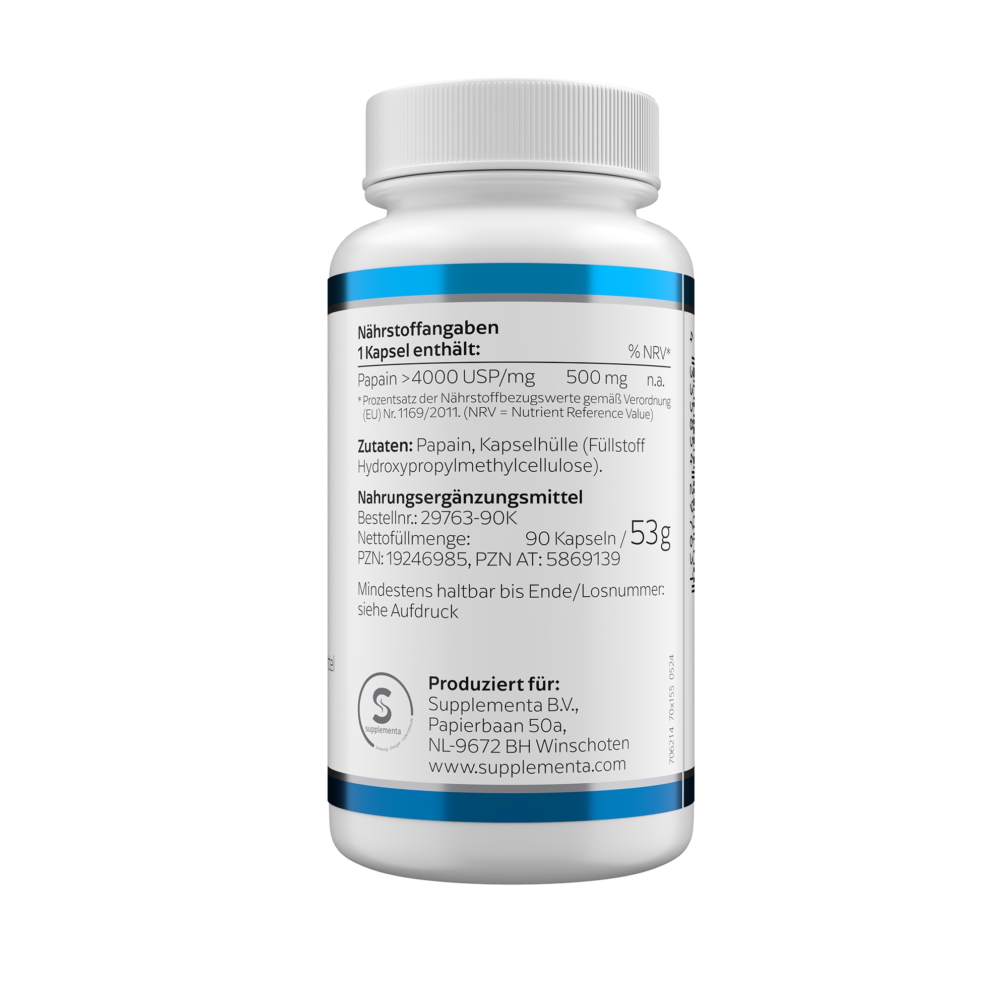 Produktfoto: Eine weiße Flasche mit blauer Aufschrift von Klean Labs. Auf der Flasche steht 'Papain 500 mg'. Es handelt sich um ein Nahrungsergänzungsmittel in Kapselform. Die Flasche hat ein blaues Etikett mit dem Logo von Klean Labs. Auf dem Etikett stehen Informationen zu den Inhaltsstoffen. Die Flasche enthält 90 Kapseln.