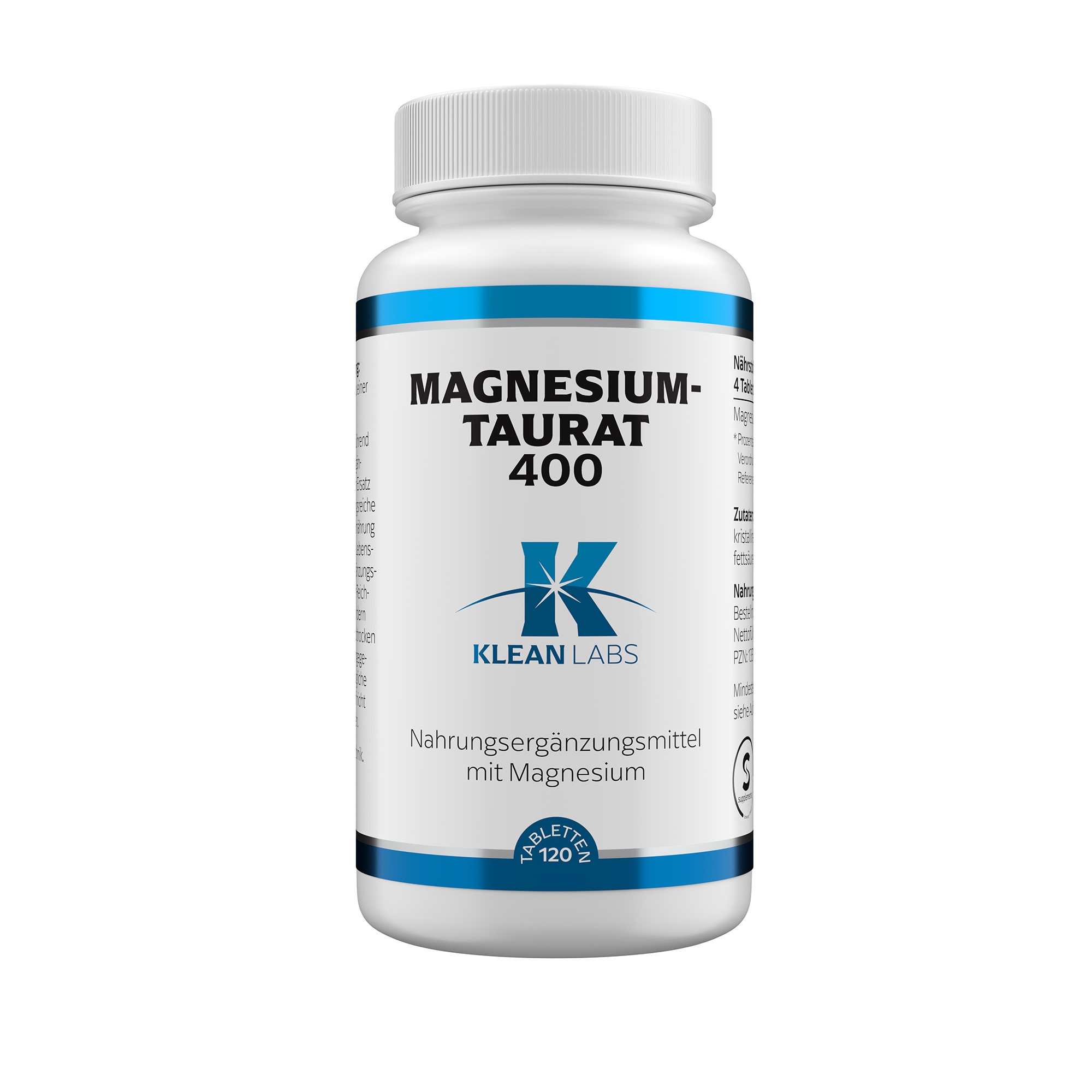 Produktfoto: Eine weiße Plastikflasche mit blauer Schrift steht aufrecht. Auf der Flasche steht „MAGNESIUM-TAURAT 400 KLEAN LABS“. Sie enthält Nahrungsergänzungsmittel mit Magnesium. Die Flasche hat einen weißen Schraubverschluss. Das Design ist schlicht mit blauen Akzenten.