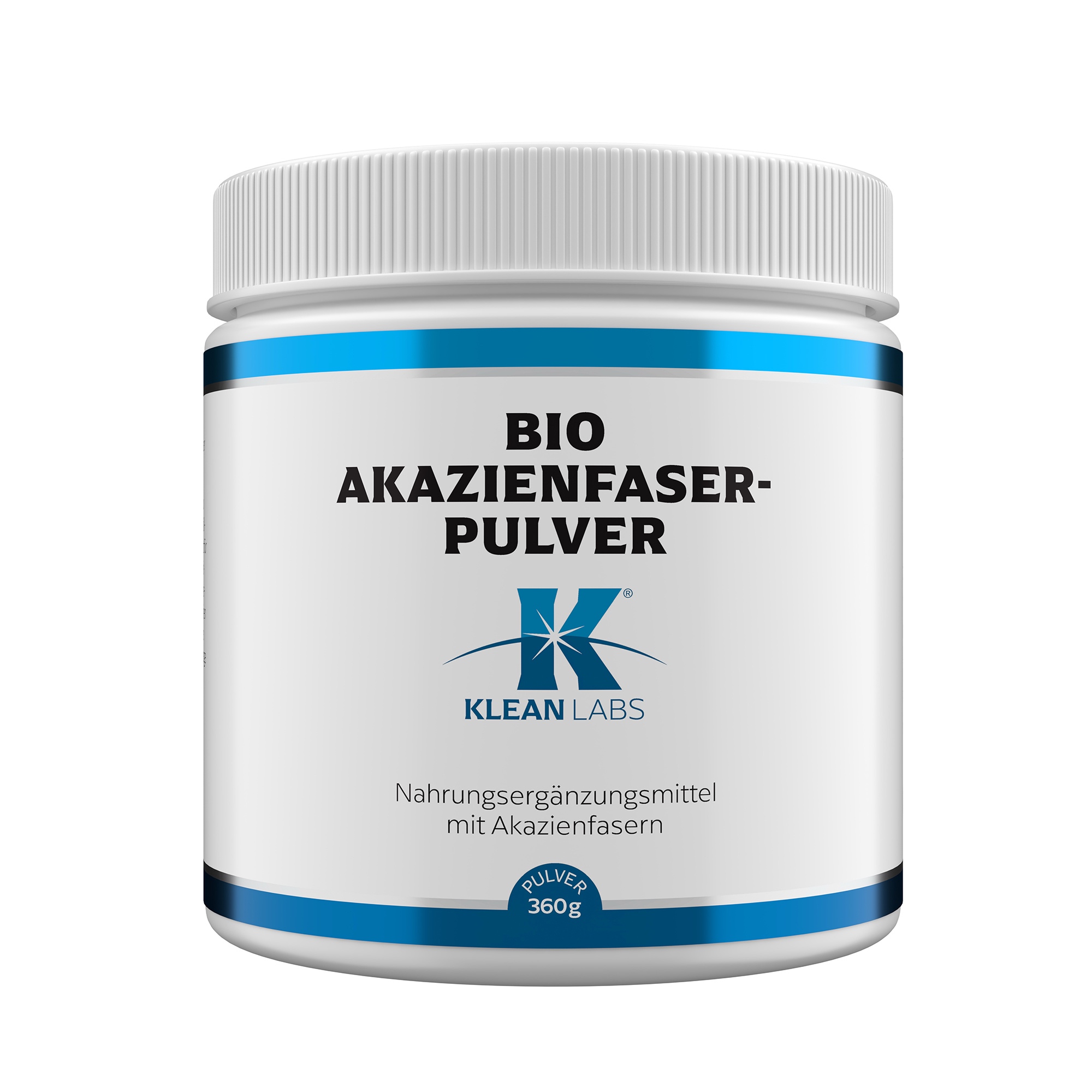 Produktfoto: Ein weißer Behälter mit der Aufschrift 'BIO AKAZIENFASER-PULVER' und dem Logo von Klean Labs. Darunter steht 'Nahrungsergänzungsmittel mit Akazienfasern'. Der Behälter hat einen blauen Rand und enthält 360g Pulver.
