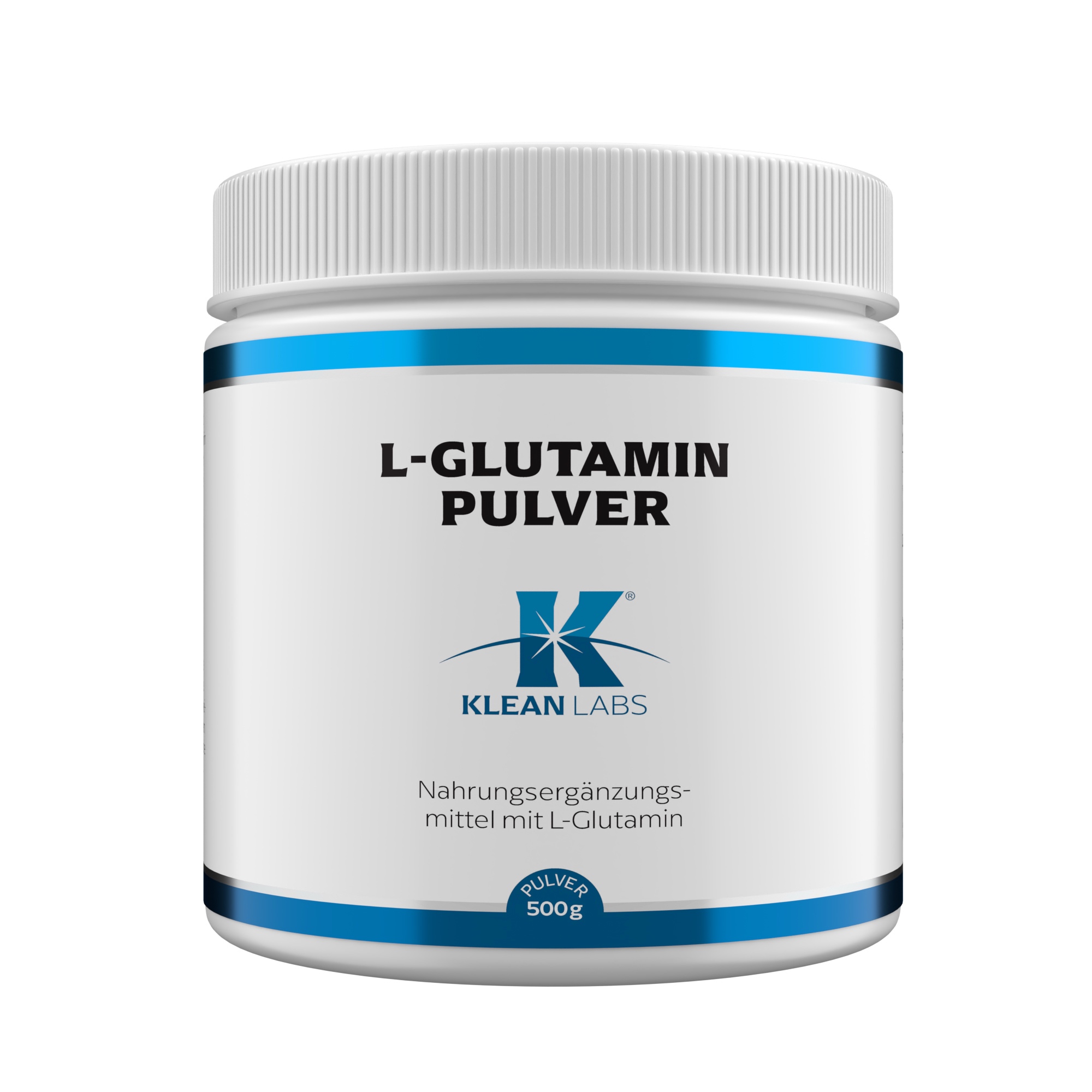 Produktfoto: Das Bild zeigt eine weiße Plastikdose mit einem Schraubdeckel. Auf der Vorderseite steht in schwarzer Schrift 'L-Glutamin Pulver'. Darunter befindet sich das Logo von Klean Labs. Der Text informiert über die Qualität von Kyowa und dass es sich um ein Nahrungsergänzungsmittel mit L-Glutamin handelt. Die Dose enthält 500g Pulver.