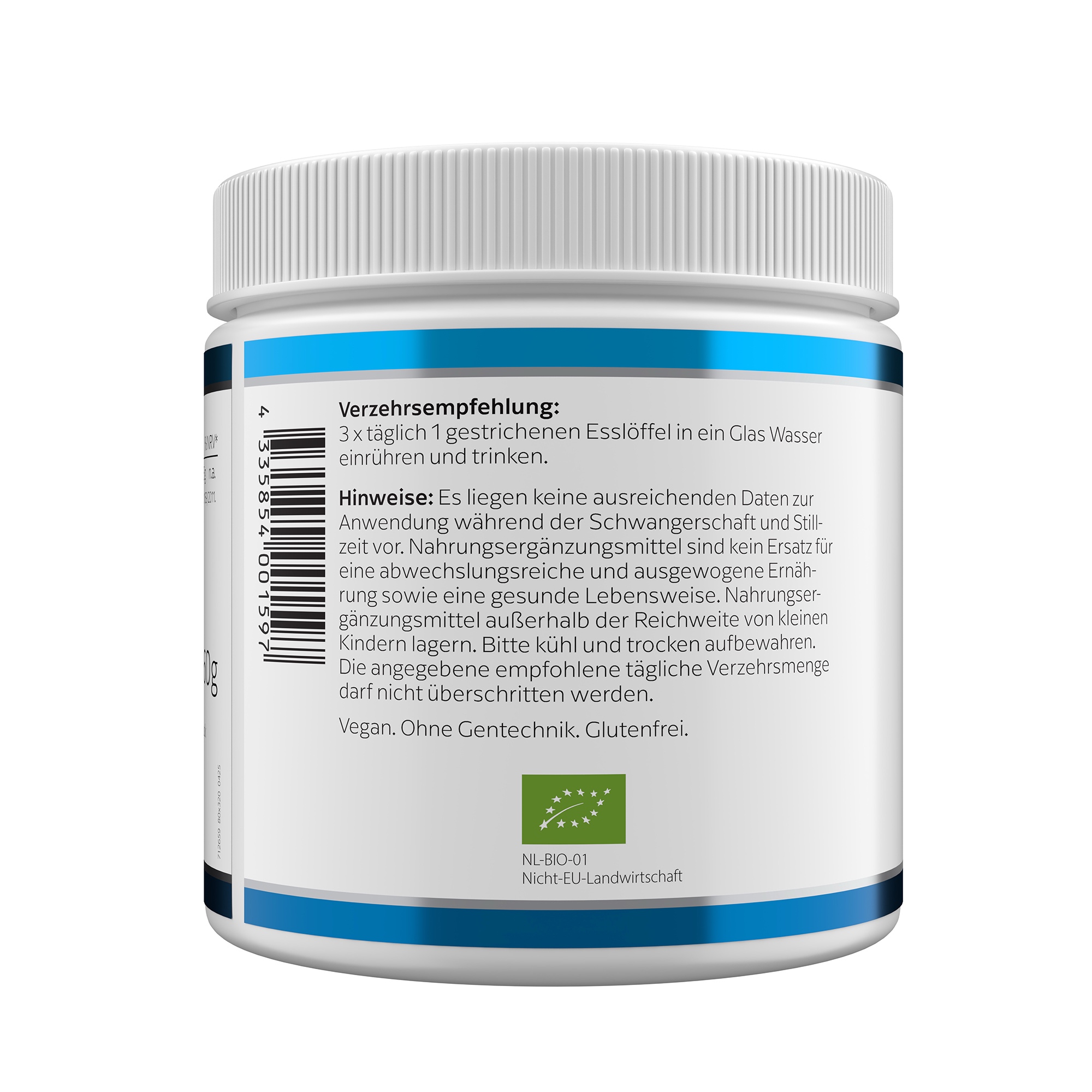 Produktfoto: Ein weißer Behälter mit der Aufschrift 'BIO AKAZIENFASER-PULVER' und dem Logo von Klean Labs. Darunter steht 'Nahrungsergänzungsmittel mit Akazienfasern'. Der Behälter hat einen blauen Rand und enthält 360g Pulver.