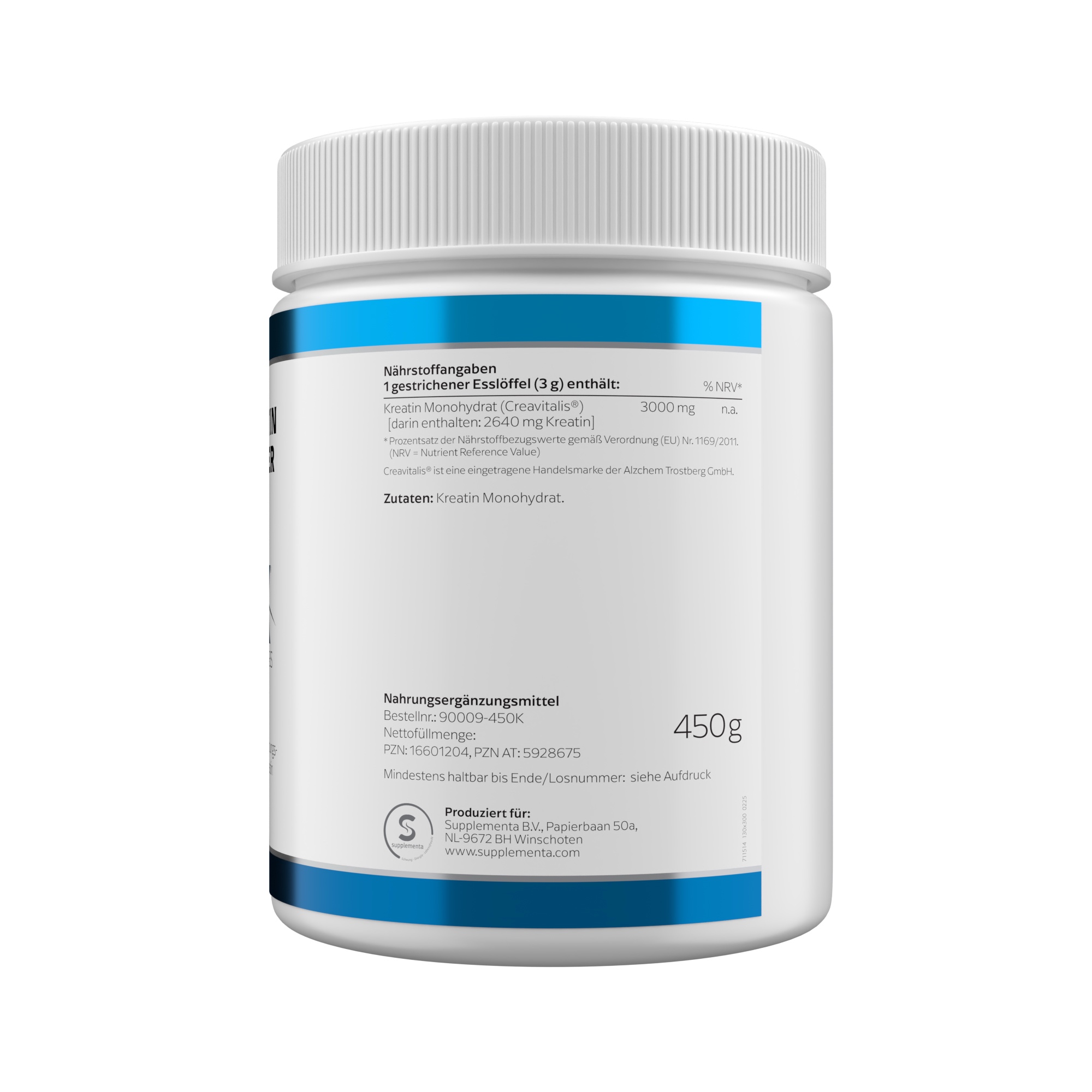 Produktfoto: Eine weiße Dose mit der Aufschrift 'KREATIN PULVER' von Klean Labs. Das Etikett zeigt ein blaues Logo und enthält Informationen über das Nahrungsergänzungsmittel mit Kreatin. Die Dose hat eine blaue Banderole oben und unten.