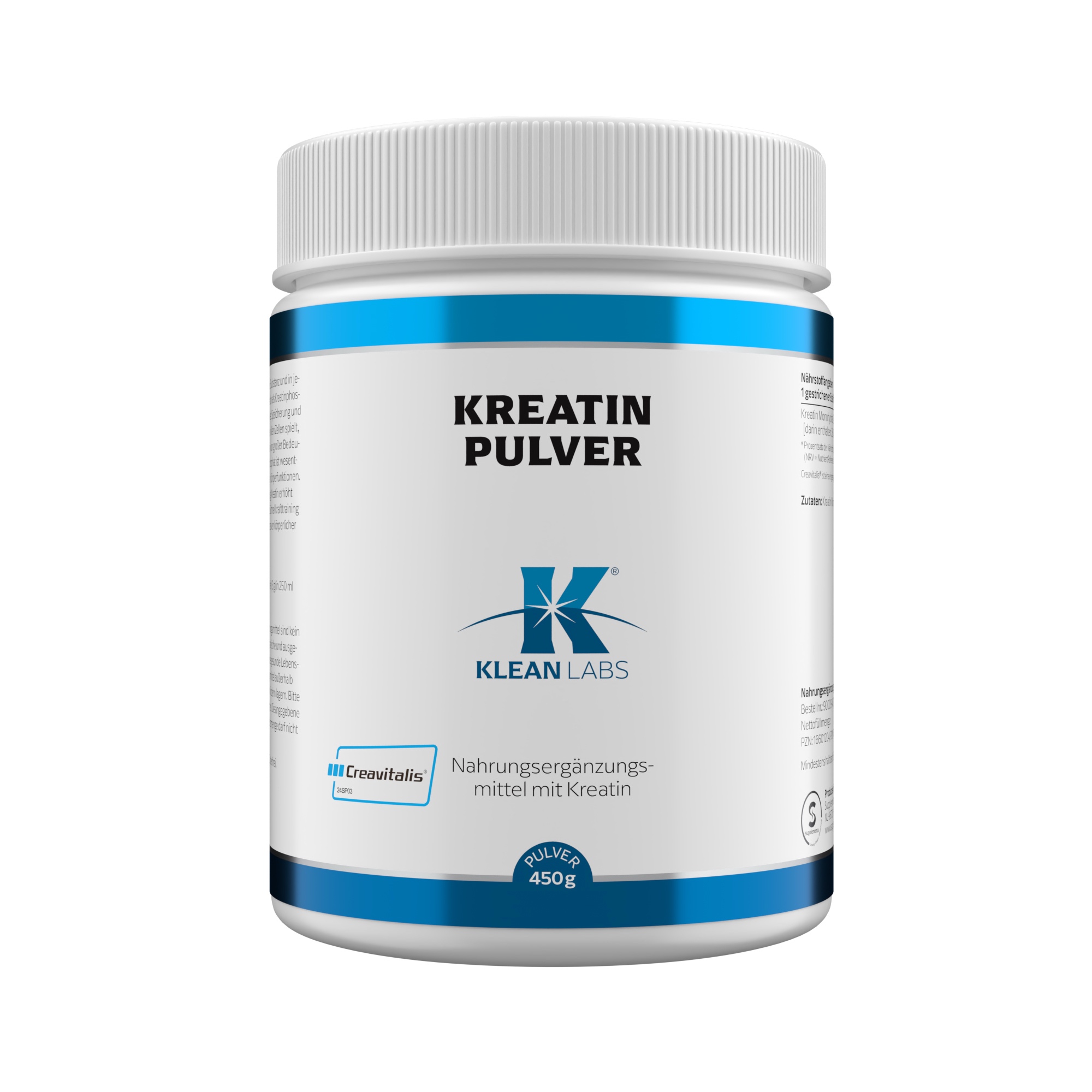Produktfoto: Eine weiße Dose mit der Aufschrift 'KREATIN PULVER' von Klean Labs. Das Etikett zeigt ein blaues Logo und enthält Informationen über das Nahrungsergänzungsmittel mit Kreatin. Die Dose hat eine blaue Banderole oben und unten.