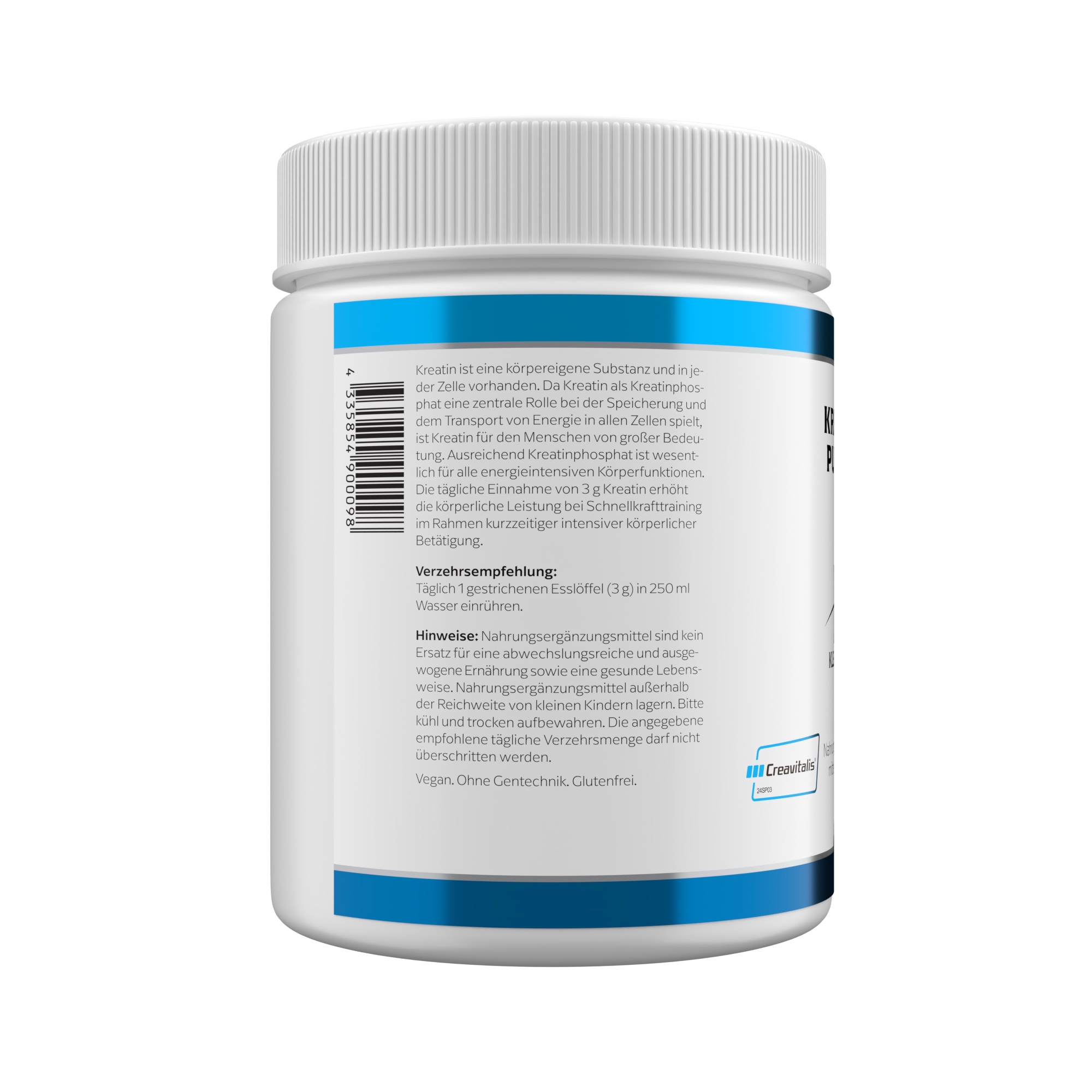 Produktfoto: Eine weiße Dose mit der Aufschrift 'KREATIN PULVER' von Klean Labs. Das Etikett zeigt ein blaues Logo und enthält Informationen über das Nahrungsergänzungsmittel mit Kreatin. Die Dose hat eine blaue Banderole oben und unten.
