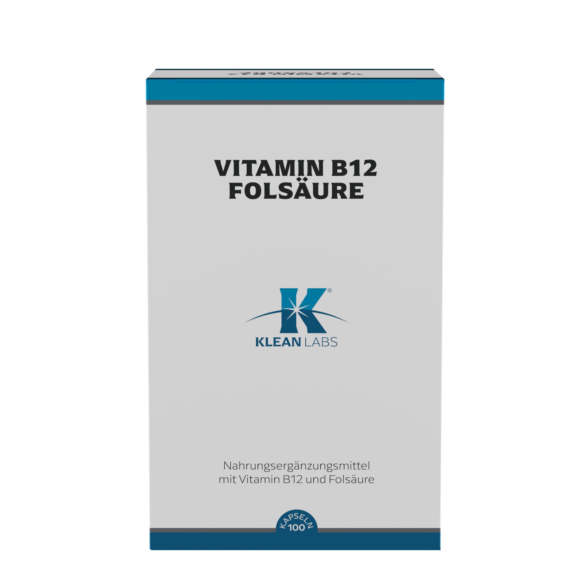 Produktfoto: Die Abbildung zeigt eine Verpackung von Klean Labs Nahrungsergänzungsmitteln. Auf der Vorderseite steht 'Vitamin B12 Folsäure'. Unten ist das Klean Labs Logo zu sehen. Die Verpackung ist in Weiß und Blau gehalten.