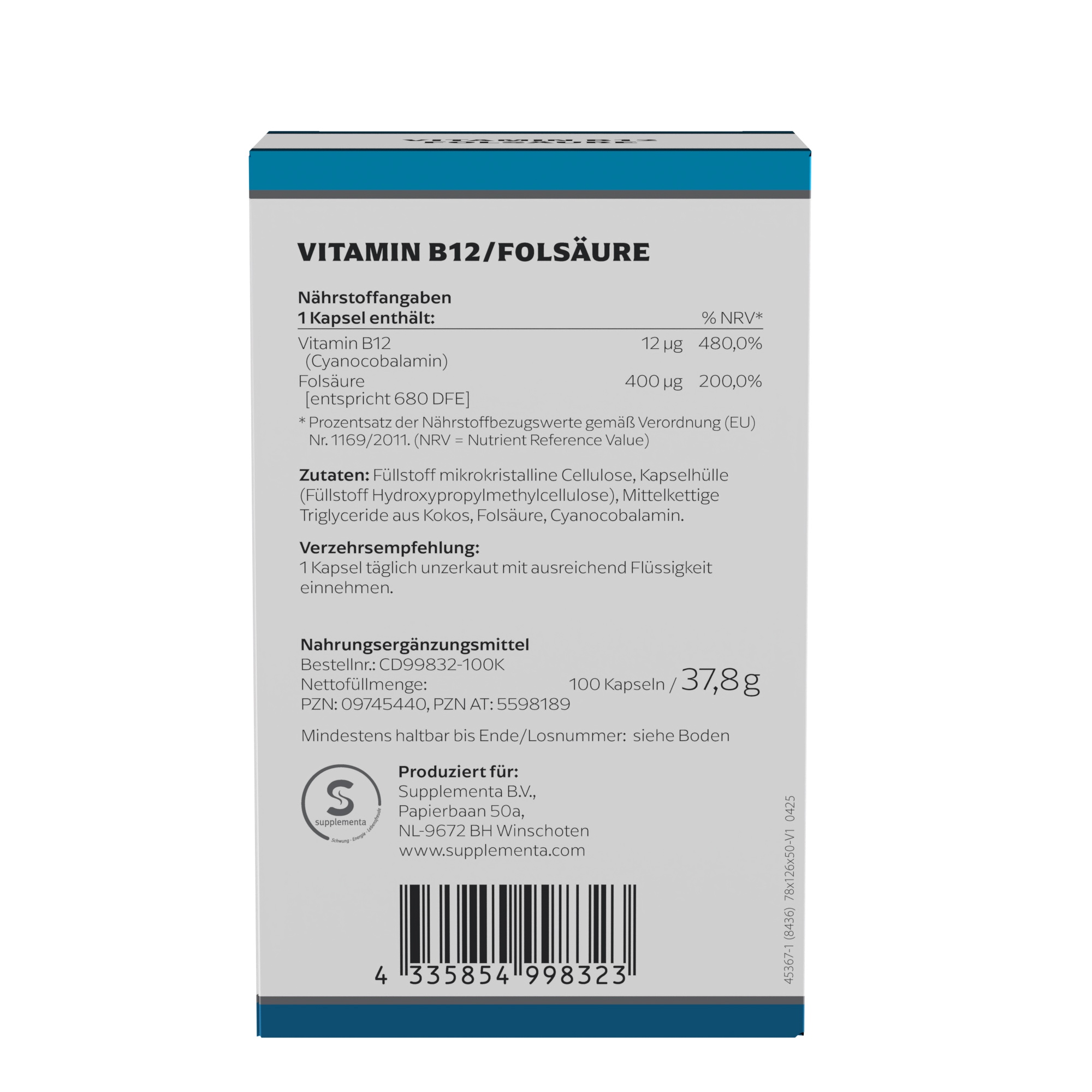 Produktfoto: Die Abbildung zeigt eine Verpackung von Klean Labs Nahrungsergänzungsmitteln. Auf der Vorderseite steht 'Vitamin B12 Folsäure'. Unten ist das Klean Labs Logo zu sehen. Die Verpackung ist in Weiß und Blau gehalten.