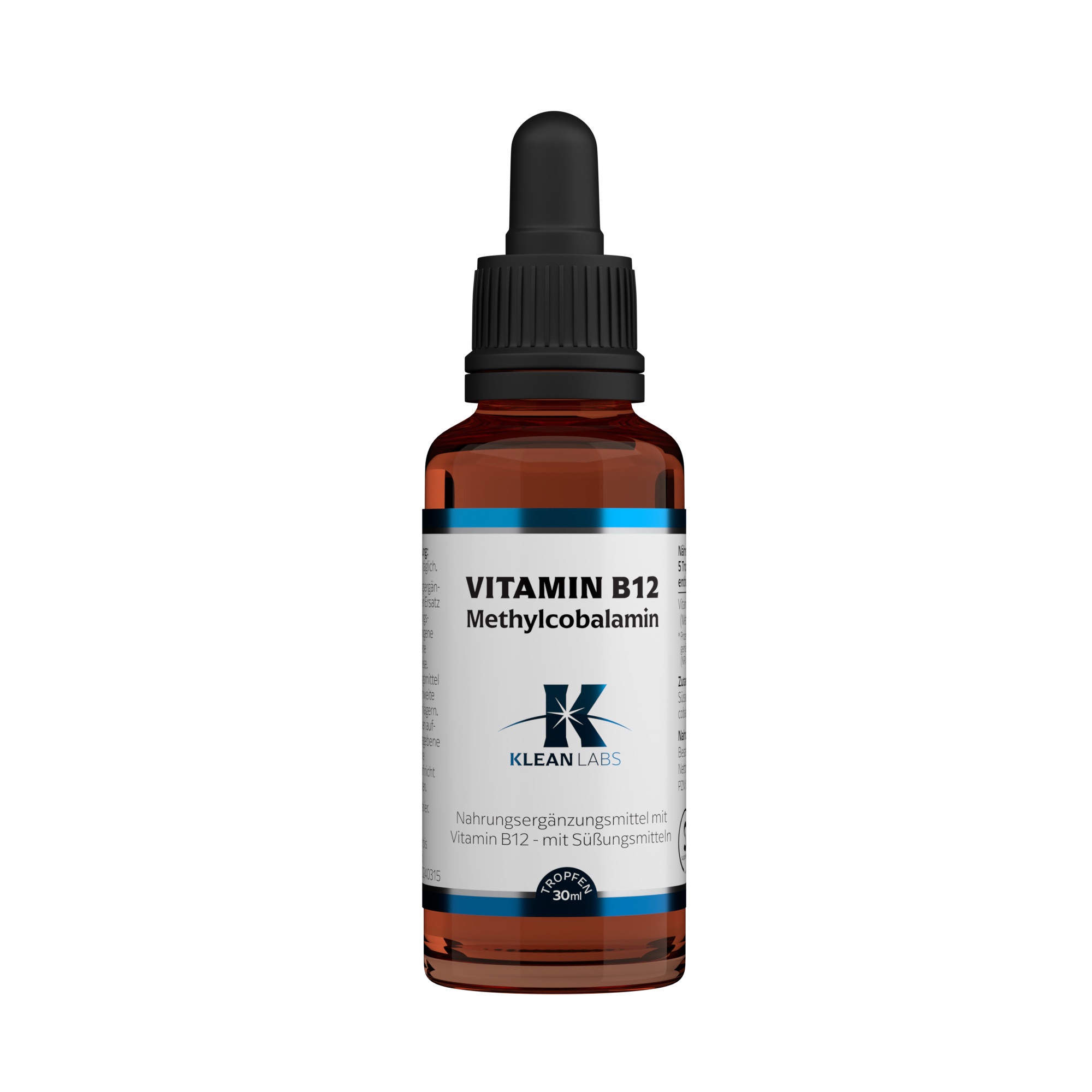 Produktfoto: Das Bild zeigt eine braune Glasflasche mit Pipette, die ein Nahrungsergänzungsmittel enthält. Die Vorderseite der Flasche hat ein Etikett mit Informationen zu Vitamin B12, einschließlich Dosierung und Inhaltsstoffen. Die Flasche steht aufrecht vor einem weißen Hintergrund.