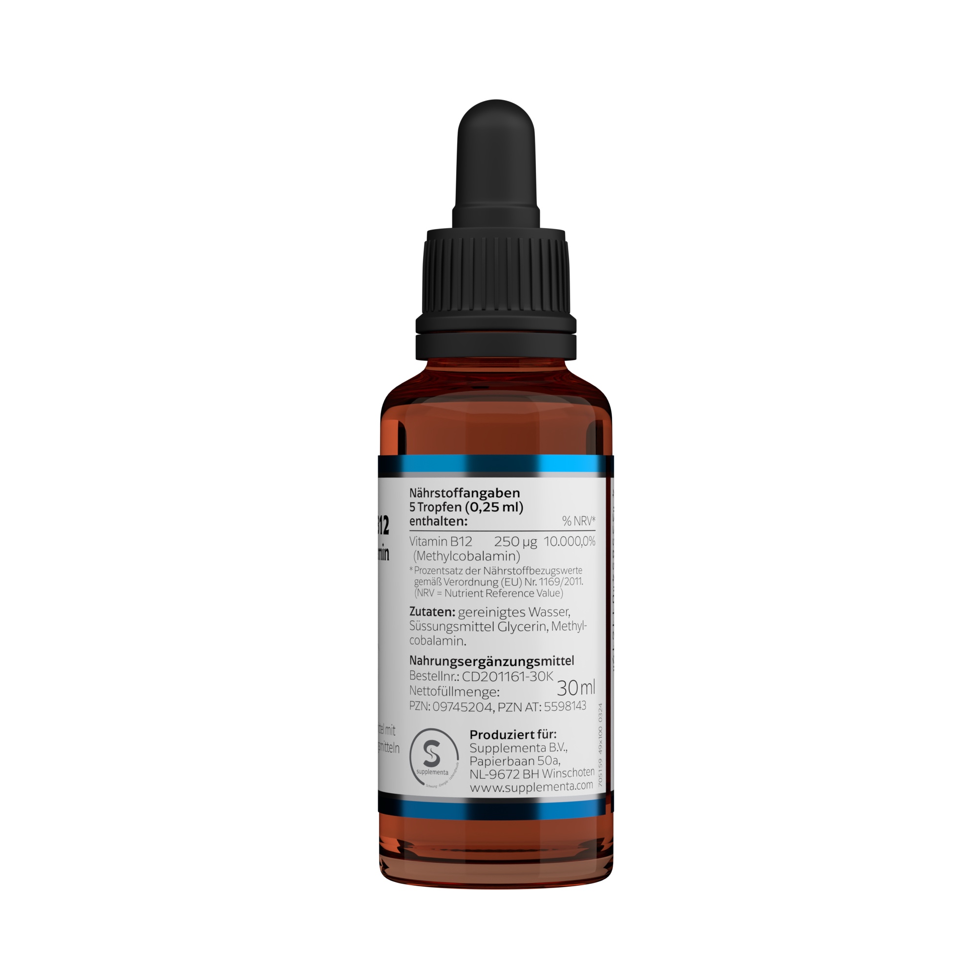 Produktfoto: Das Bild zeigt eine braune Glasflasche mit Pipette, die ein Nahrungsergänzungsmittel enthält. Die Vorderseite der Flasche hat ein Etikett mit Informationen zu Vitamin B12, einschließlich Dosierung und Inhaltsstoffen. Die Flasche steht aufrecht vor einem weißen Hintergrund.