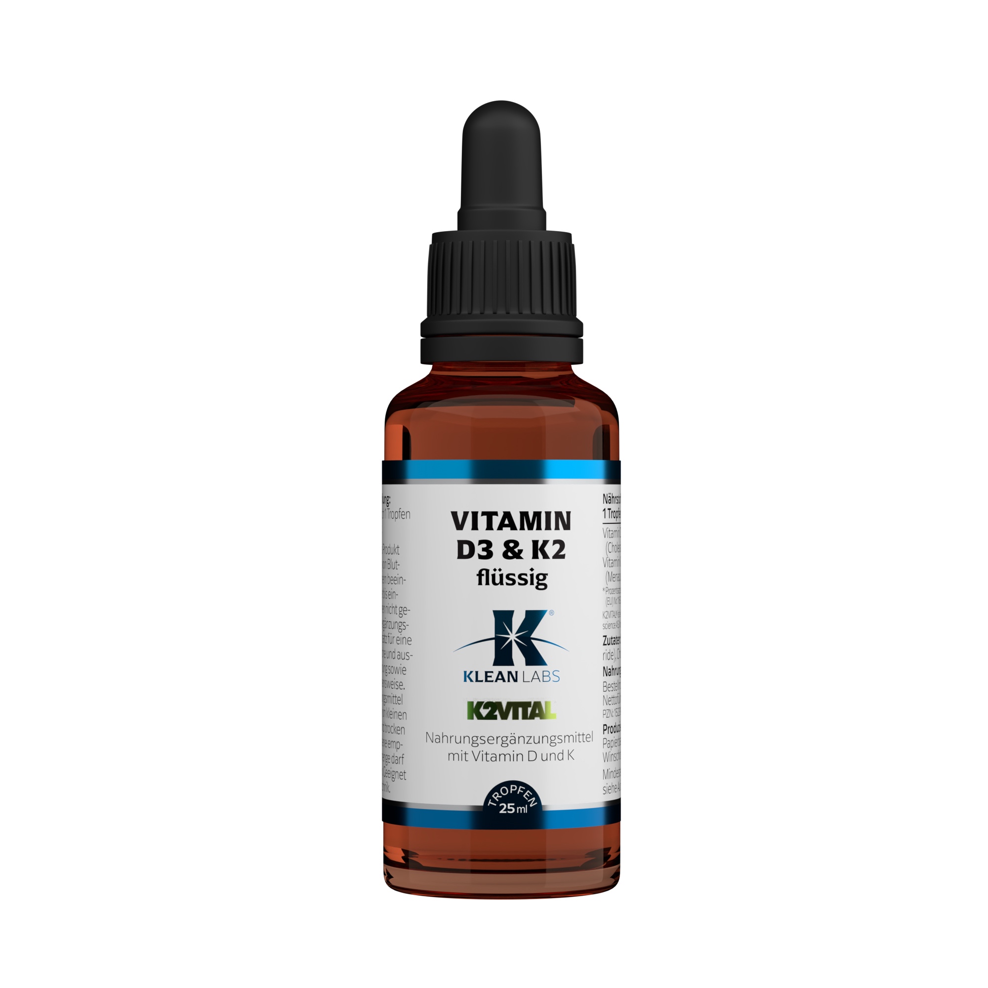 Produktfoto: Eine braune Glasflasche mit schwarzem Tropfverschluss. Auf der Flasche befindet sich ein Etikett mit Nährstoffangaben zu Vitamin D3 und K2 sowie weiteren Informationen. Die Flasche steht aufrecht vor einem weißen Hintergrund.