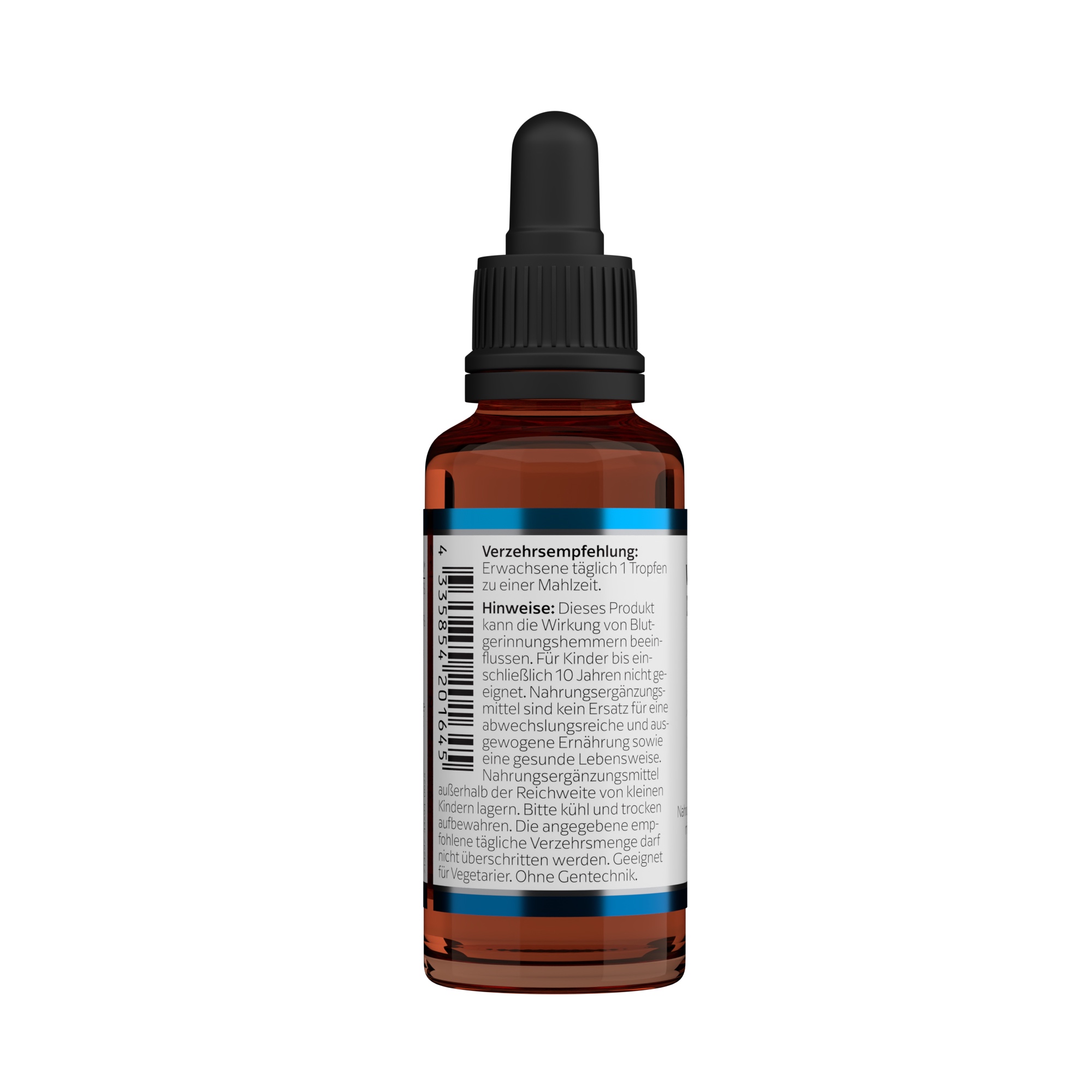 Produktfoto: Eine braune Glasflasche mit schwarzem Tropfverschluss. Auf der Flasche befindet sich ein Etikett mit Nährstoffangaben zu Vitamin D3 und K2 sowie weiteren Informationen. Die Flasche steht aufrecht vor einem weißen Hintergrund.