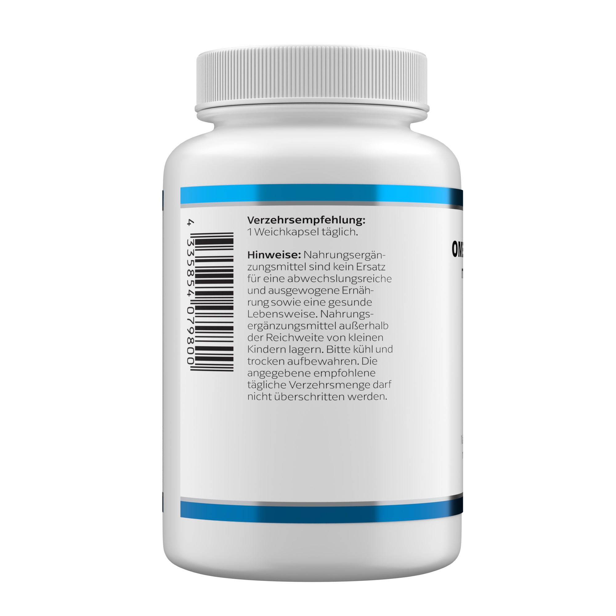 Produktfoto: Eine weiße Plastikflasche mit einem blauen Etikett, auf dem “OMEGA-3 FISCHÖL mit EPA und DHA“ steht. Darunter ist das Logo von Klean Labs zu sehen. Auf dem Etikett steht auch “Nahrungsergänzungsmittel mit Omega-3-Fettsäuren“. Die Flasche hat einen weißen Schraubverschluss.