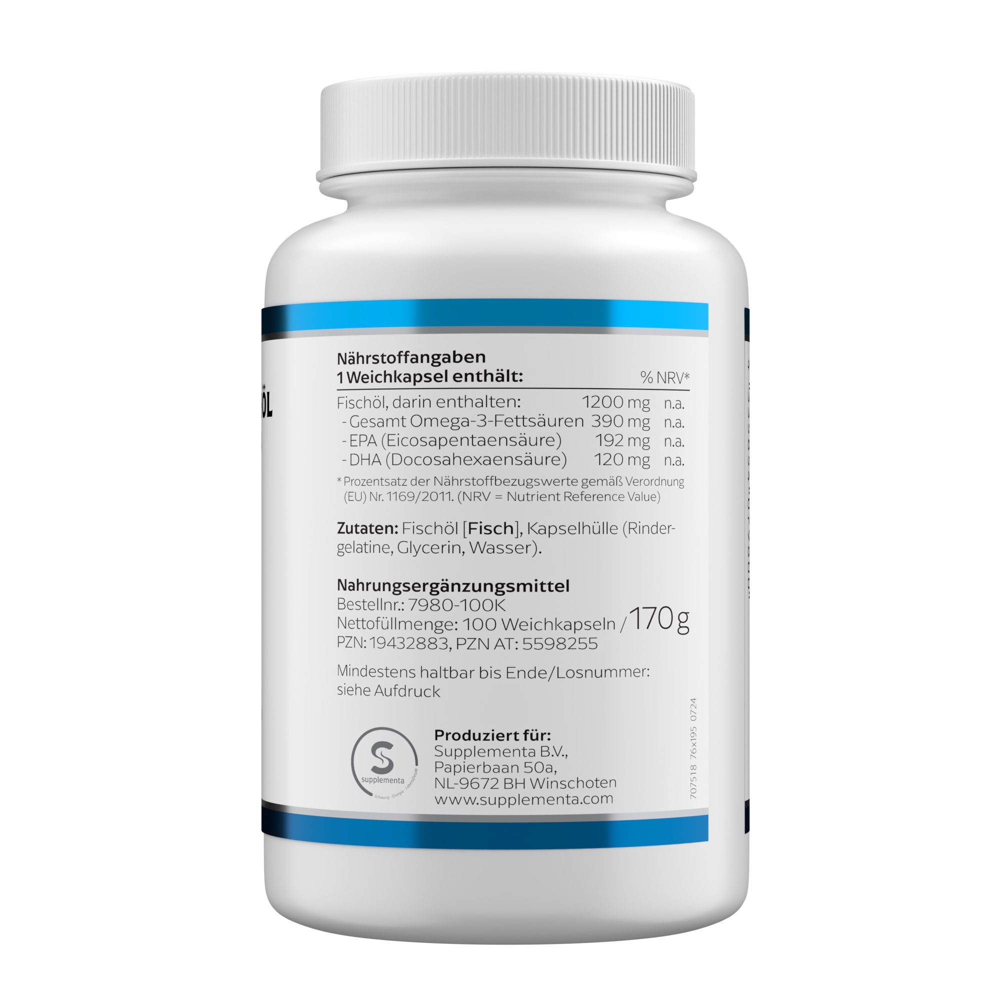Produktfoto: Eine weiße Plastikflasche mit einem blauen Etikett, auf dem “OMEGA-3 FISCHÖL mit EPA und DHA“ steht. Darunter ist das Logo von Klean Labs zu sehen. Auf dem Etikett steht auch “Nahrungsergänzungsmittel mit Omega-3-Fettsäuren“. Die Flasche hat einen weißen Schraubverschluss.