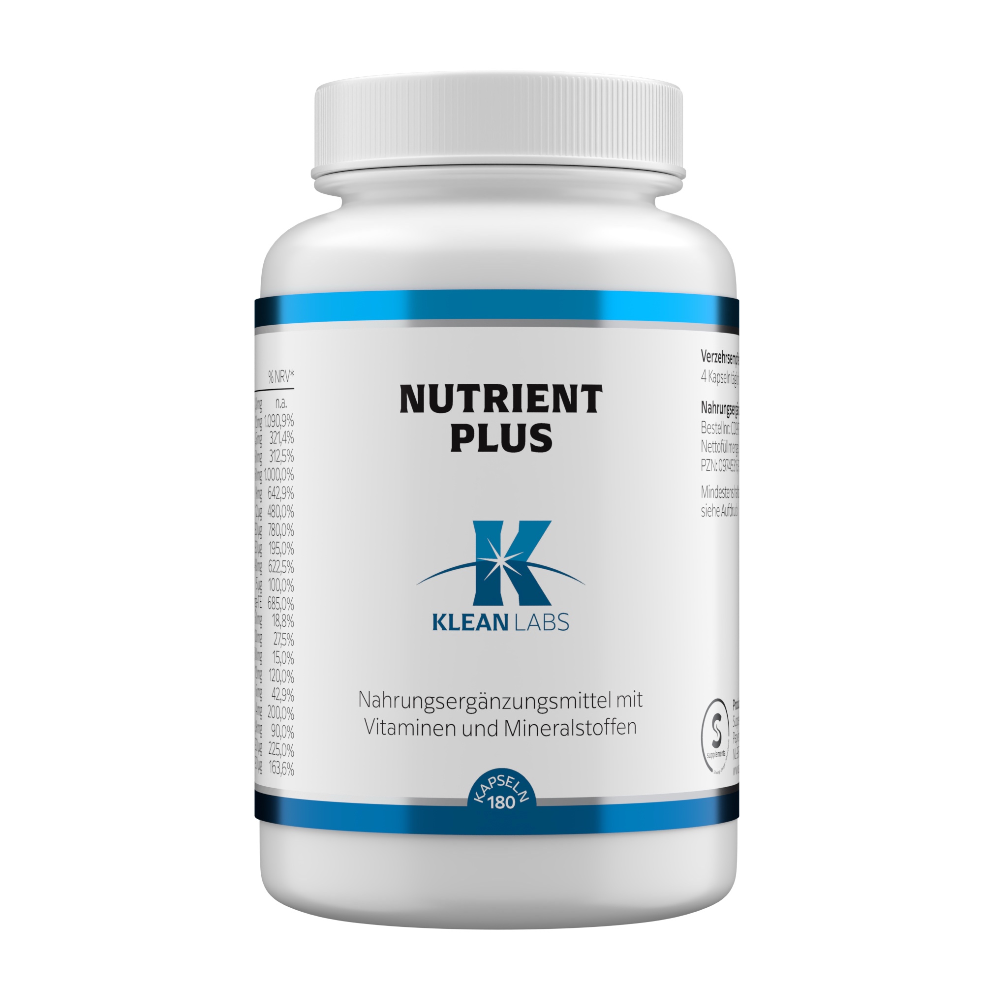 Produktfoto: Das Bild zeigt eine weiße Plastikflasche mit blauem Etikett, auf dem “NUTRIENT PLUS“ steht. Darunter befindet sich das Logo von Klean Labs. Die Flasche enthält Nahrungsergänzungsmittel mit Vitaminen und Mineralstoffen in Kapselform. Die Flasche hat einen weißen Schraubverschluss und steht vor einem weißen Hintergrund.