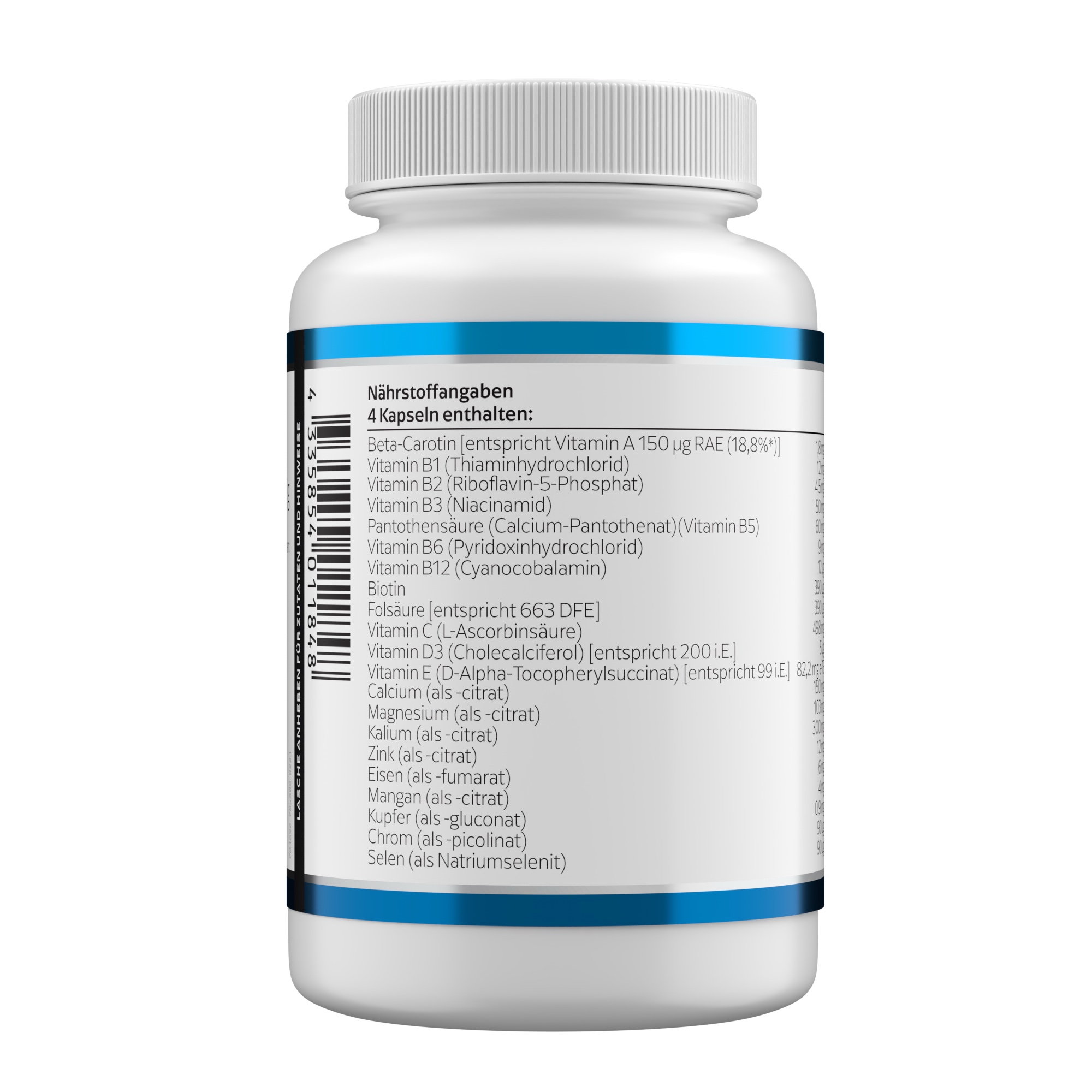 Produktfoto: Das Bild zeigt eine weiße Plastikflasche mit blauem Etikett, auf dem “NUTRIENT PLUS“ steht. Darunter befindet sich das Logo von Klean Labs. Die Flasche enthält Nahrungsergänzungsmittel mit Vitaminen und Mineralstoffen in Kapselform. Die Flasche hat einen weißen Schraubverschluss und steht vor einem weißen Hintergrund.