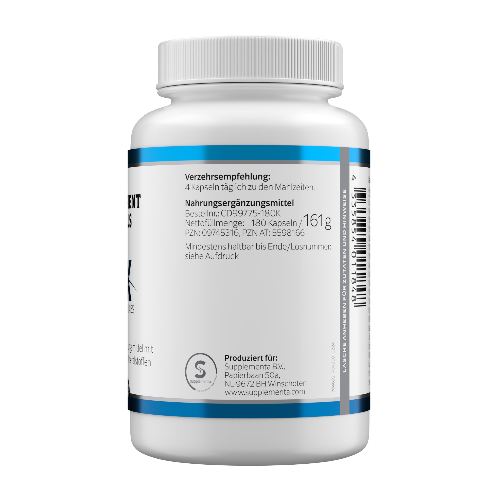 Produktfoto: Das Bild zeigt eine weiße Plastikflasche mit blauem Etikett, auf dem “NUTRIENT PLUS“ steht. Darunter befindet sich das Logo von Klean Labs. Die Flasche enthält Nahrungsergänzungsmittel mit Vitaminen und Mineralstoffen in Kapselform. Die Flasche hat einen weißen Schraubverschluss und steht vor einem weißen Hintergrund.