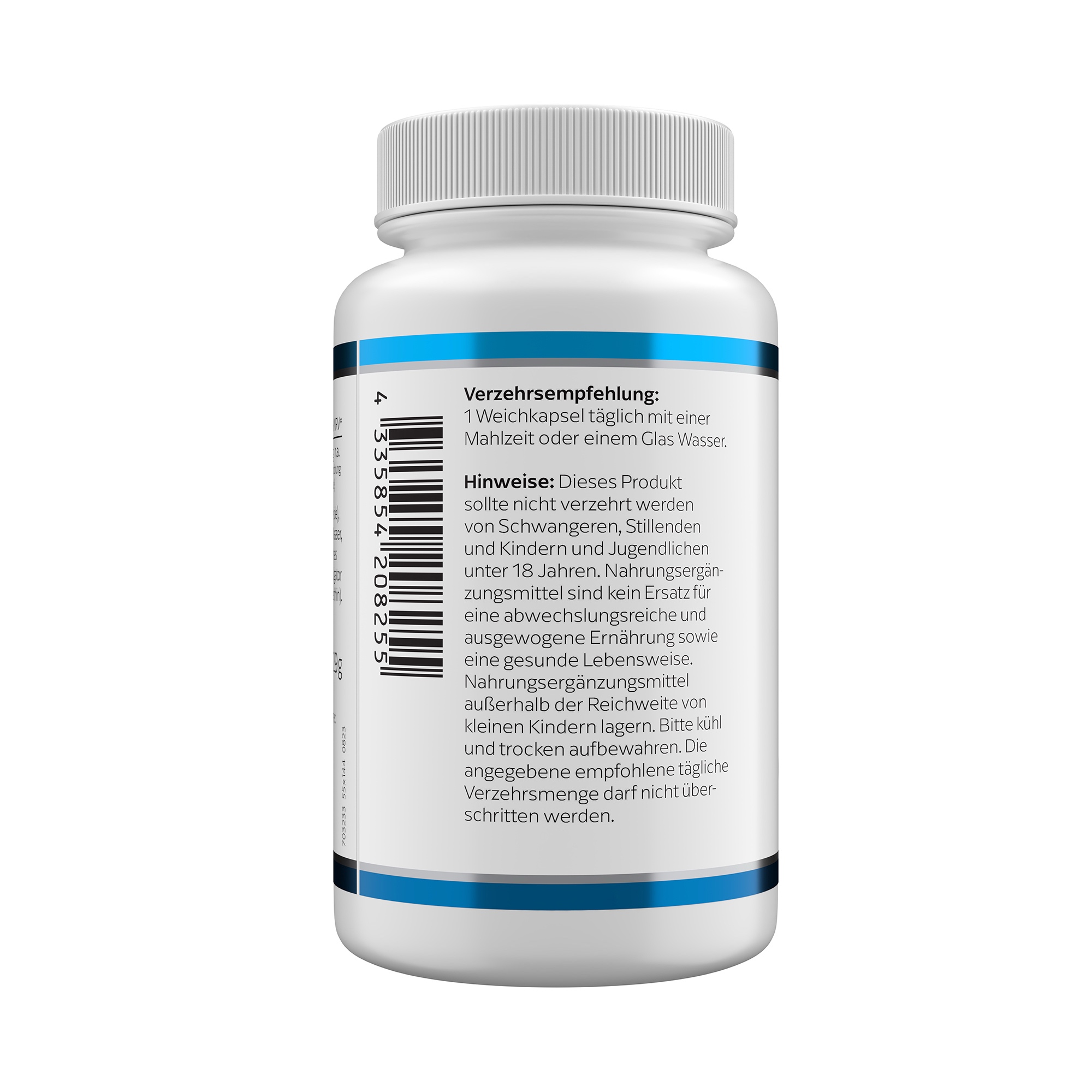 Produktfoto: Eine weiße Plastikflasche mit blauem und schwarzem Aufdruck steht im Vordergrund. Auf der Flasche steht “UBIQUINOL 100 mg“ und “KLEAN LABS“. Sie enthält Nahrungsergänzungsmittel mit Ubiquinol. Die Flasche ist auf einem weißen Hintergrund platziert.