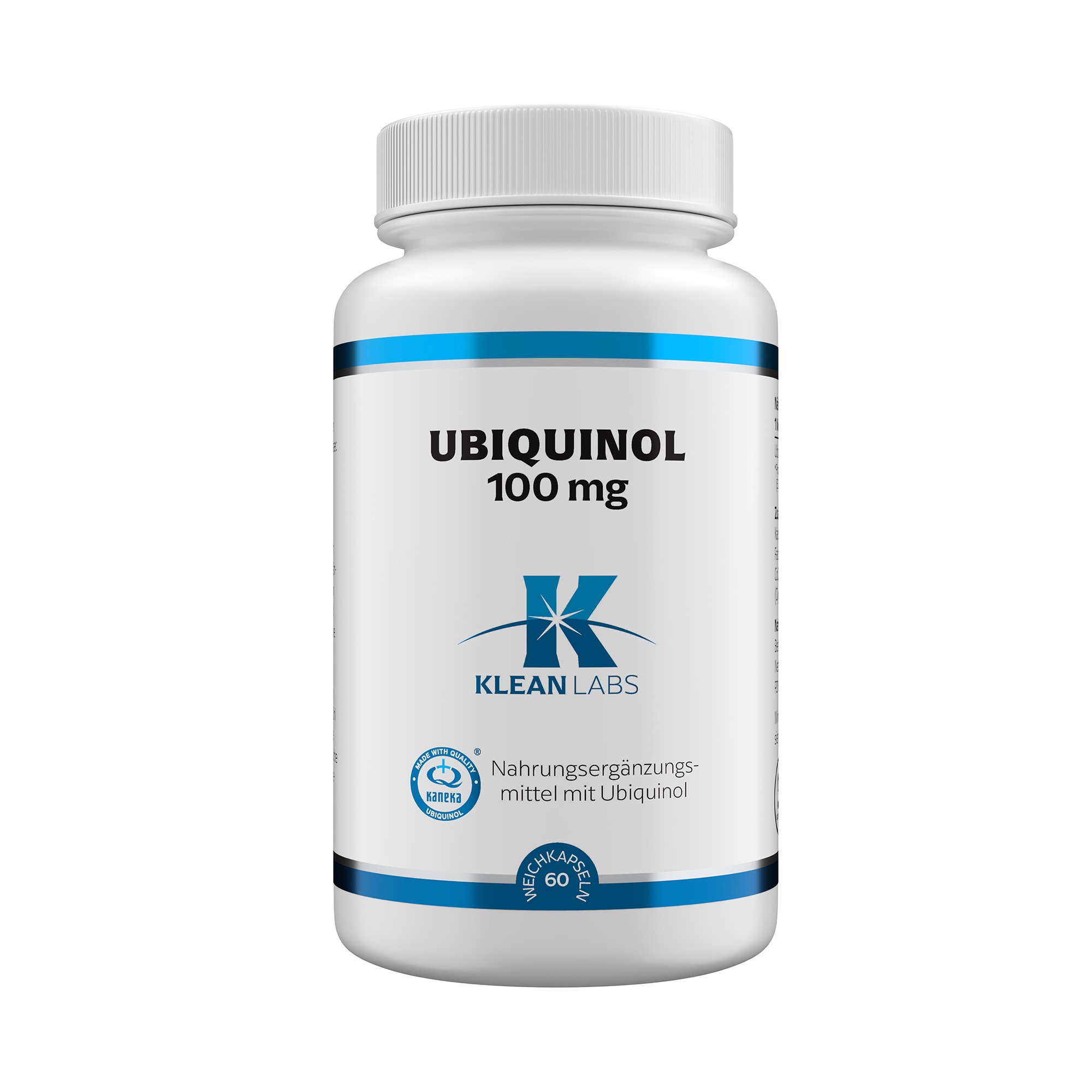 Produktfoto: Eine weiße Plastikflasche mit blauem und schwarzem Aufdruck steht im Vordergrund. Auf der Flasche steht “UBIQUINOL 100 mg“ und “KLEAN LABS“. Sie enthält Nahrungsergänzungsmittel mit Ubiquinol. Die Flasche ist auf einem weißen Hintergrund platziert.