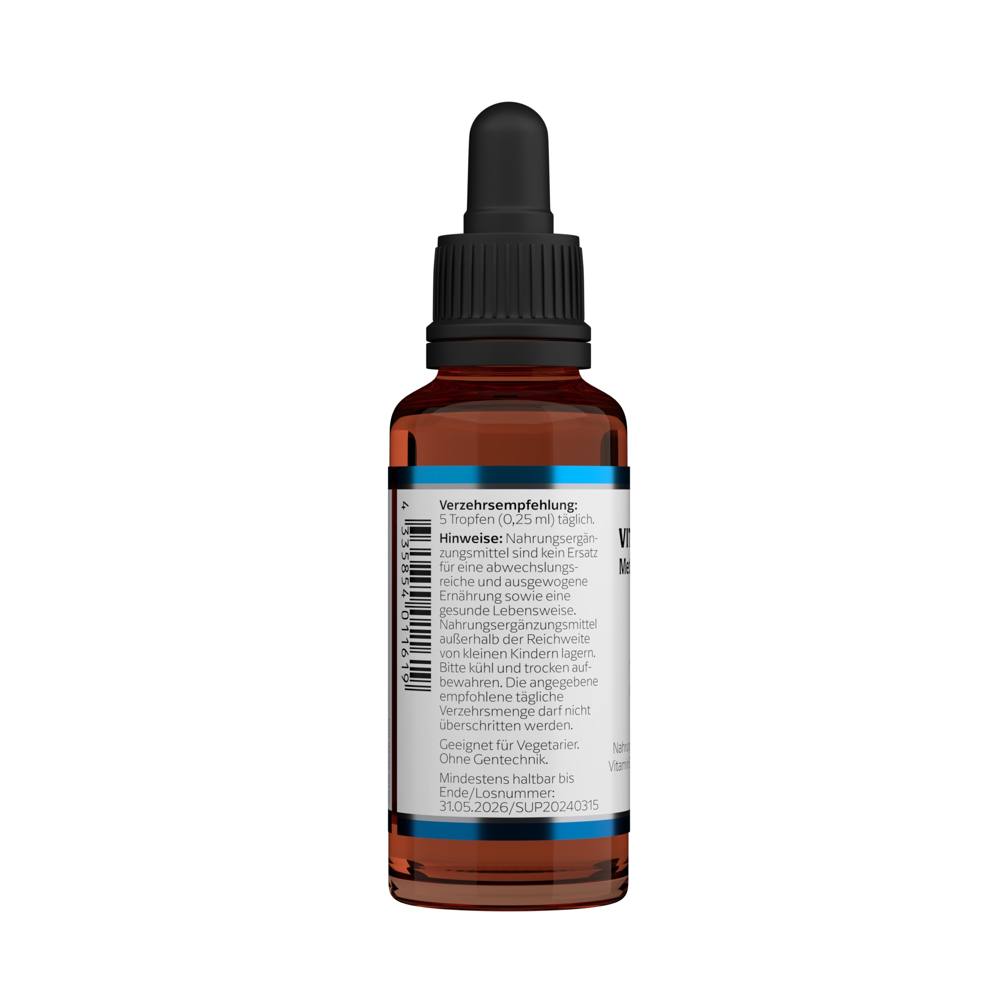 Produktfoto: Das Bild zeigt eine braune Glasflasche mit Pipette, die ein Nahrungsergänzungsmittel enthält. Die Vorderseite der Flasche hat ein Etikett mit Informationen zu Vitamin B12, einschließlich Dosierung und Inhaltsstoffen. Die Flasche steht aufrecht vor einem weißen Hintergrund.