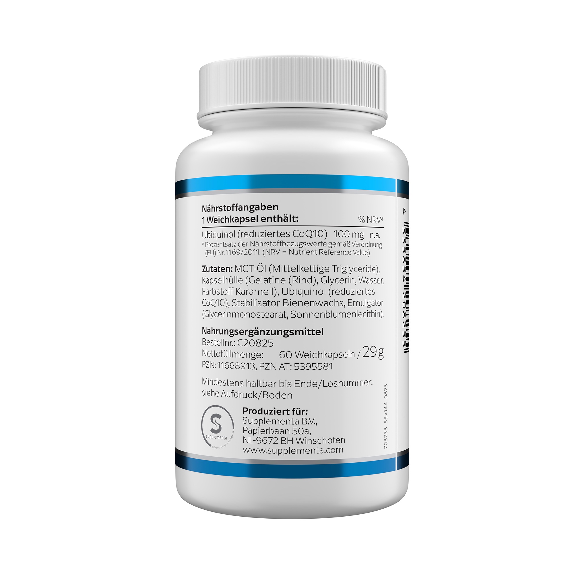 Produktfoto: Eine weiße Plastikflasche mit blauem und schwarzem Aufdruck steht im Vordergrund. Auf der Flasche steht “UBIQUINOL 100 mg“ und “KLEAN LABS“. Sie enthält Nahrungsergänzungsmittel mit Ubiquinol. Die Flasche ist auf einem weißen Hintergrund platziert.