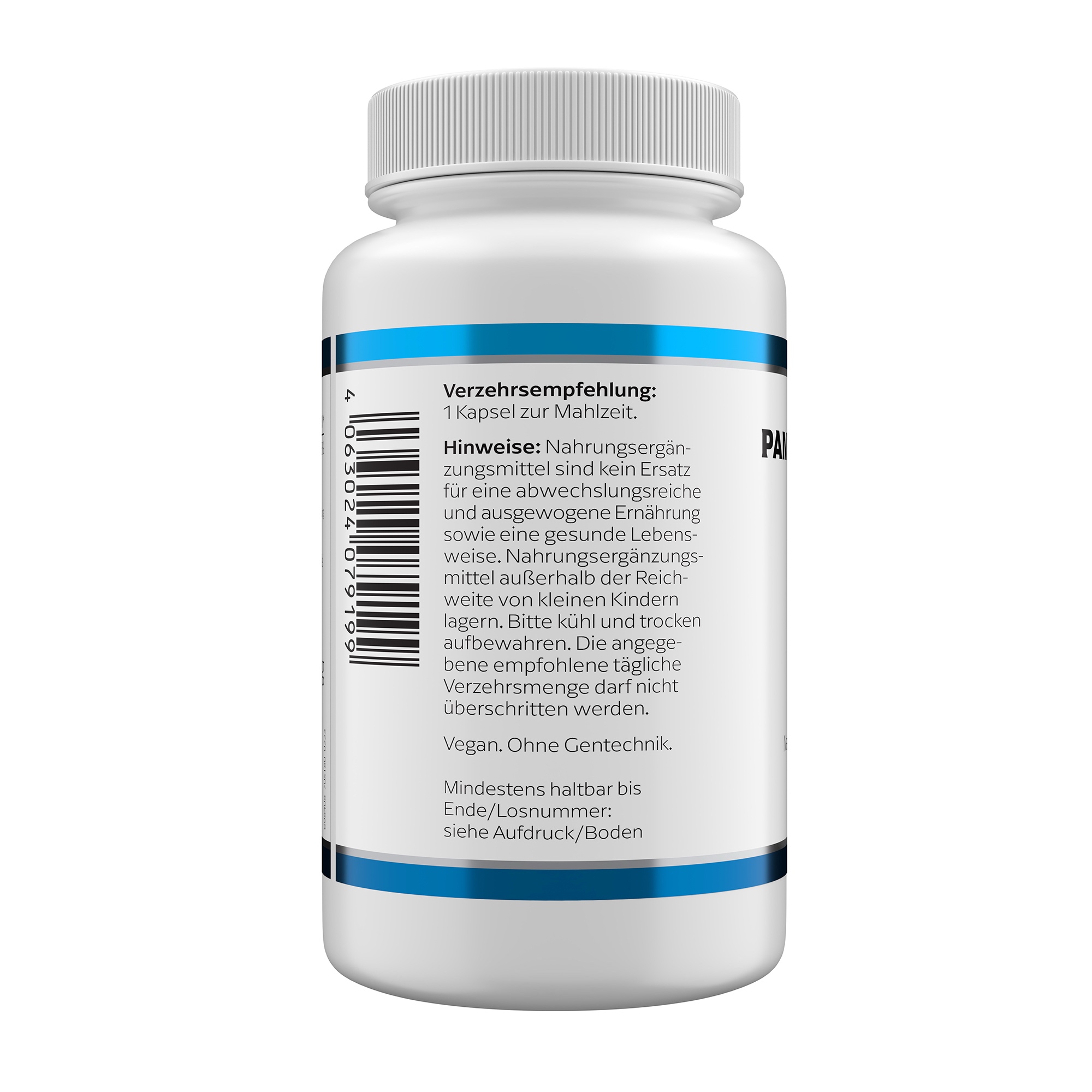 Produktfoto: Eine weiße Plastikflasche mit einem blauen Etikett, das Nährstoffangaben und Zutaten für Nahrungsergänzungsmittel enthält. Das Etikett listet Pantothensäure (Vitamin B5) und andere Inhaltsstoffe auf. Die Flasche ist von der Marke Supplementa B.V. aus Winschoten, Niederlande.