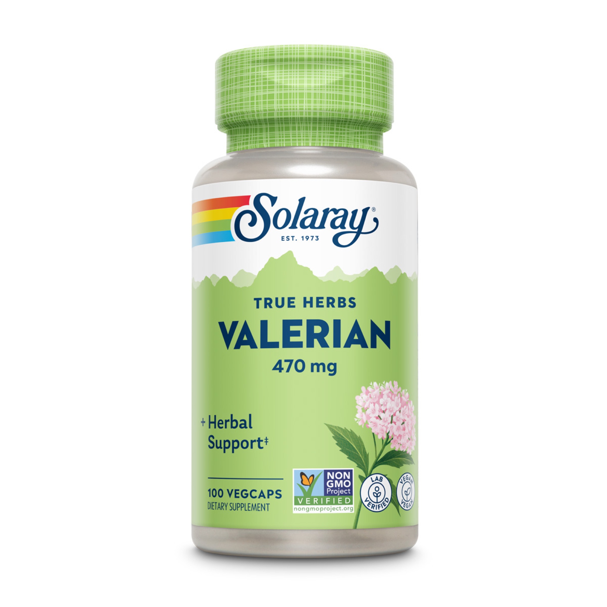 Produktfoto: Eine grüne Flasche mit einem Etikett, auf dem 'Solaray True Herbs Valerian 470 mg' steht. Das Etikett zeigt ein Bild einer Baldrianpflanze und enthält Hinweise auf 100 Vegcaps, Nicht-GVO-Projekt verifiziert und Labortests. Die Flasche ist für pflanzliche Unterstützung gedacht.