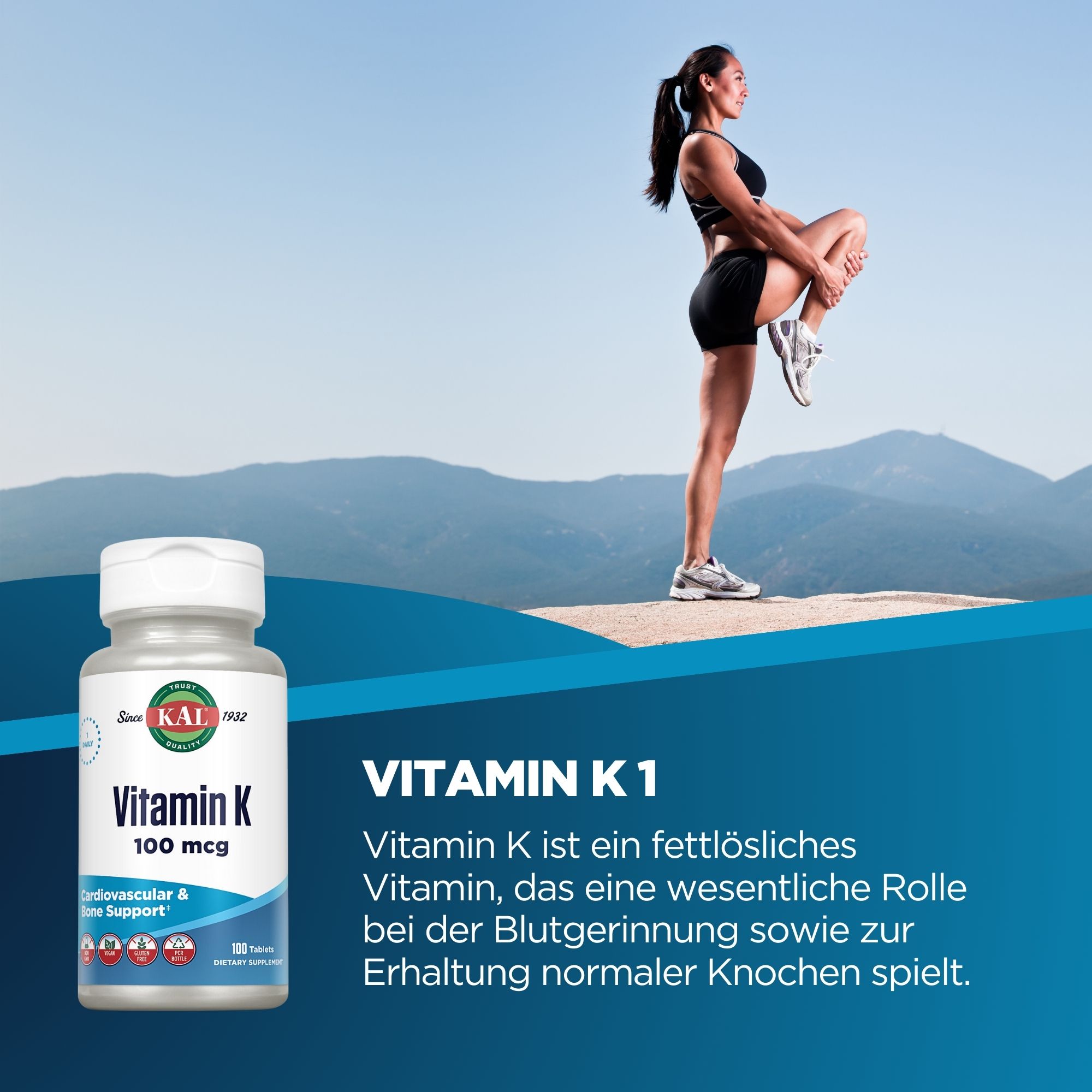 Produktfoto: Eine weiße Plastikflasche mit einem Etikett, das “KAL Vitamin K 100 mcg“ zeigt. Darunter steht “Cardiovascular & Bone Support“. Das Etikett hat blaue und weiße Farben. Die Flasche enthält 100 Tabletten und ist als vegan, glutenfrei und in einer recycelbaren Flasche gekennzeichnet.