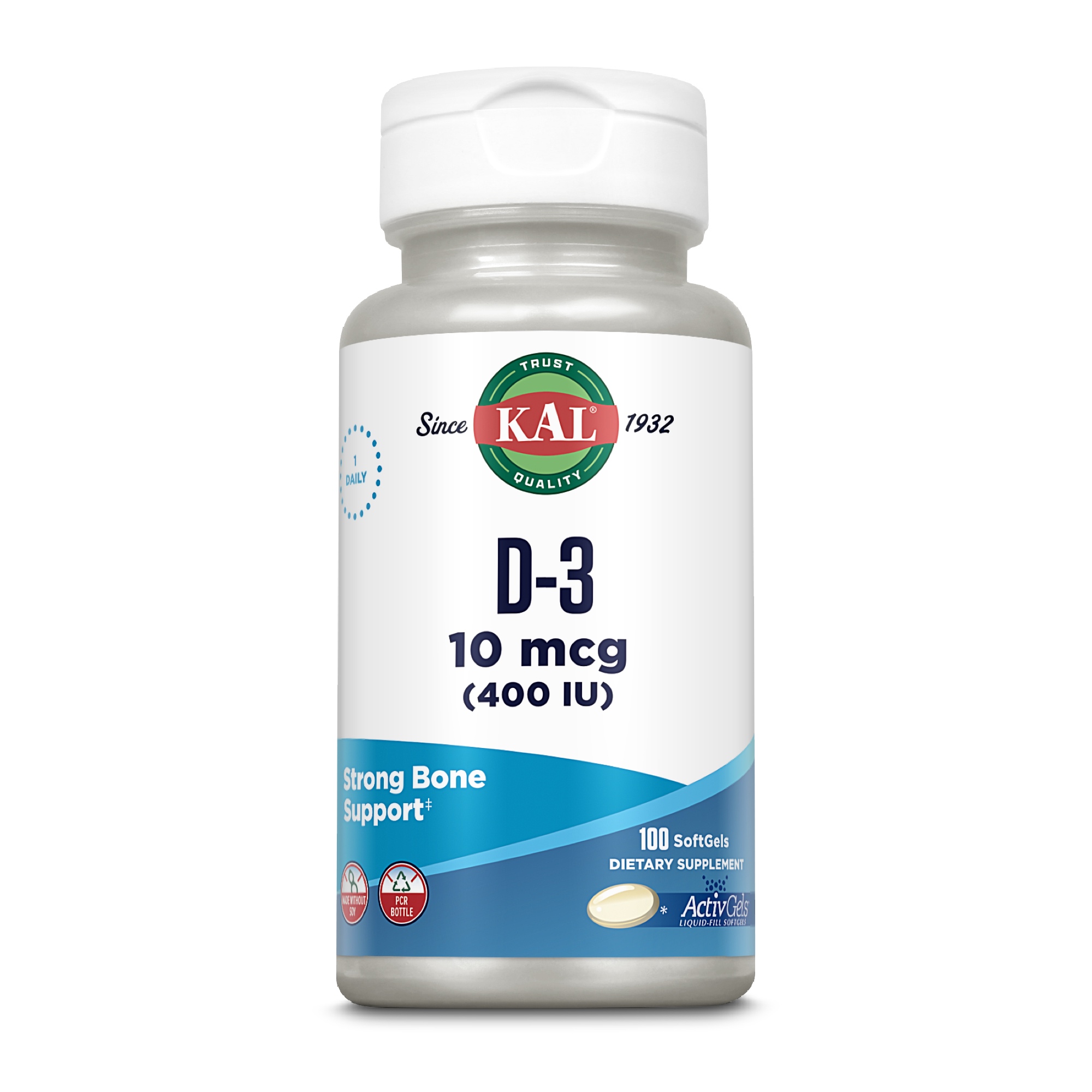 Produktfoto: Eine weiße Flasche mit einem Etikett der Marke KAL. Auf dem Etikett steht “D-3 10 mcg (400 IU)“ und “Strong Bone Support“. Die Flasche enthält 100 Softgels und ist für die tägliche Nahrungsergänzung gedacht.