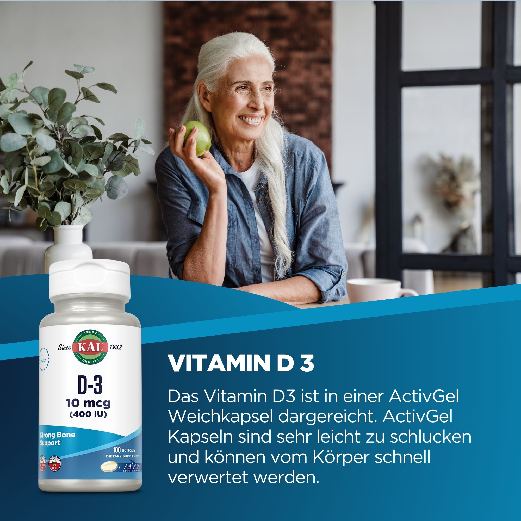 Produktfoto: Eine weiße Flasche mit einem Etikett der Marke KAL. Auf dem Etikett steht “D-3 10 mcg (400 IU)“ und “Strong Bone Support“. Die Flasche enthält 100 Softgels und ist für die tägliche Nahrungsergänzung gedacht.