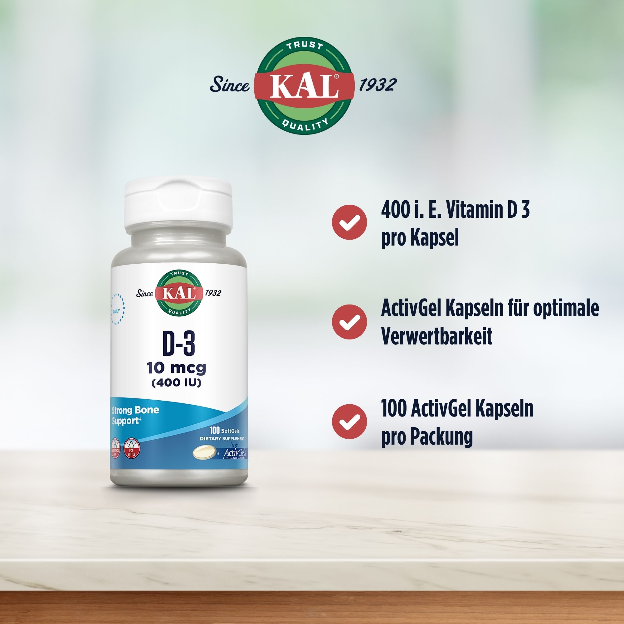 Produktfoto: Eine weiße Flasche mit einem Etikett der Marke KAL. Auf dem Etikett steht “D-3 10 mcg (400 IU)“ und “Strong Bone Support“. Die Flasche enthält 100 Softgels und ist für die tägliche Nahrungsergänzung gedacht.