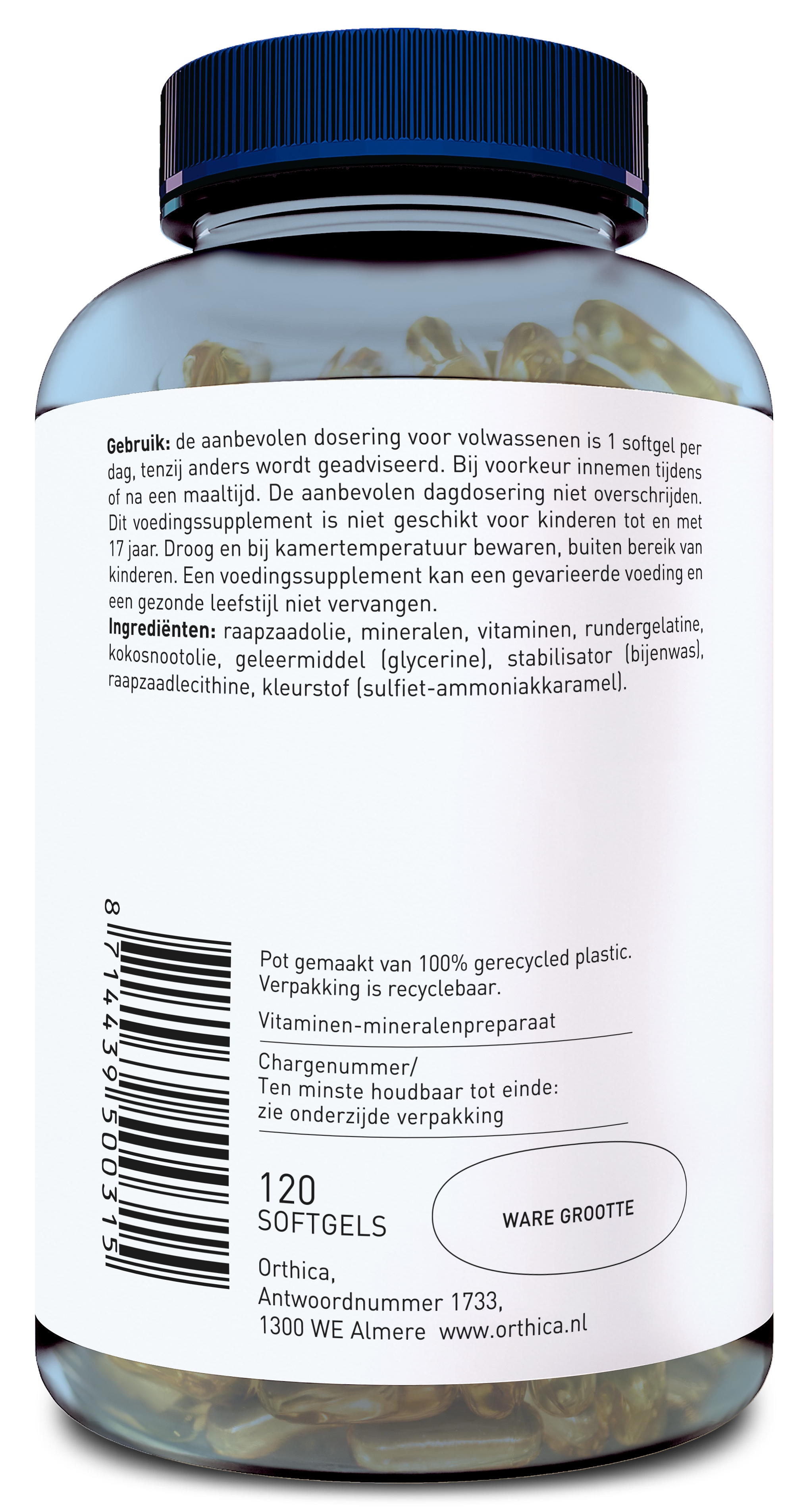 Produktfoto: Das Bild zeigt eine durchsichtige Plastikflasche mit blauer Kappe, die mit Nahrungsergänzungsmitteln gefüllt ist. Auf der Flasche befindet sich ein weißes Etikett mit den Nährstoffangaben der enthaltenen Vitamine, Mineralstoffe und Spurenelemente. Die Schrift ist in schwarzer Farbe gedruckt und umfasst detaillierte Informationen über Inhaltsstoffe wie Beta Carotin, Vitamin D3, Vitamin E und weitere. Die Flasche steht aufrecht und ist frontal abgebildet, sodass das Etikett gut lesbar ist.