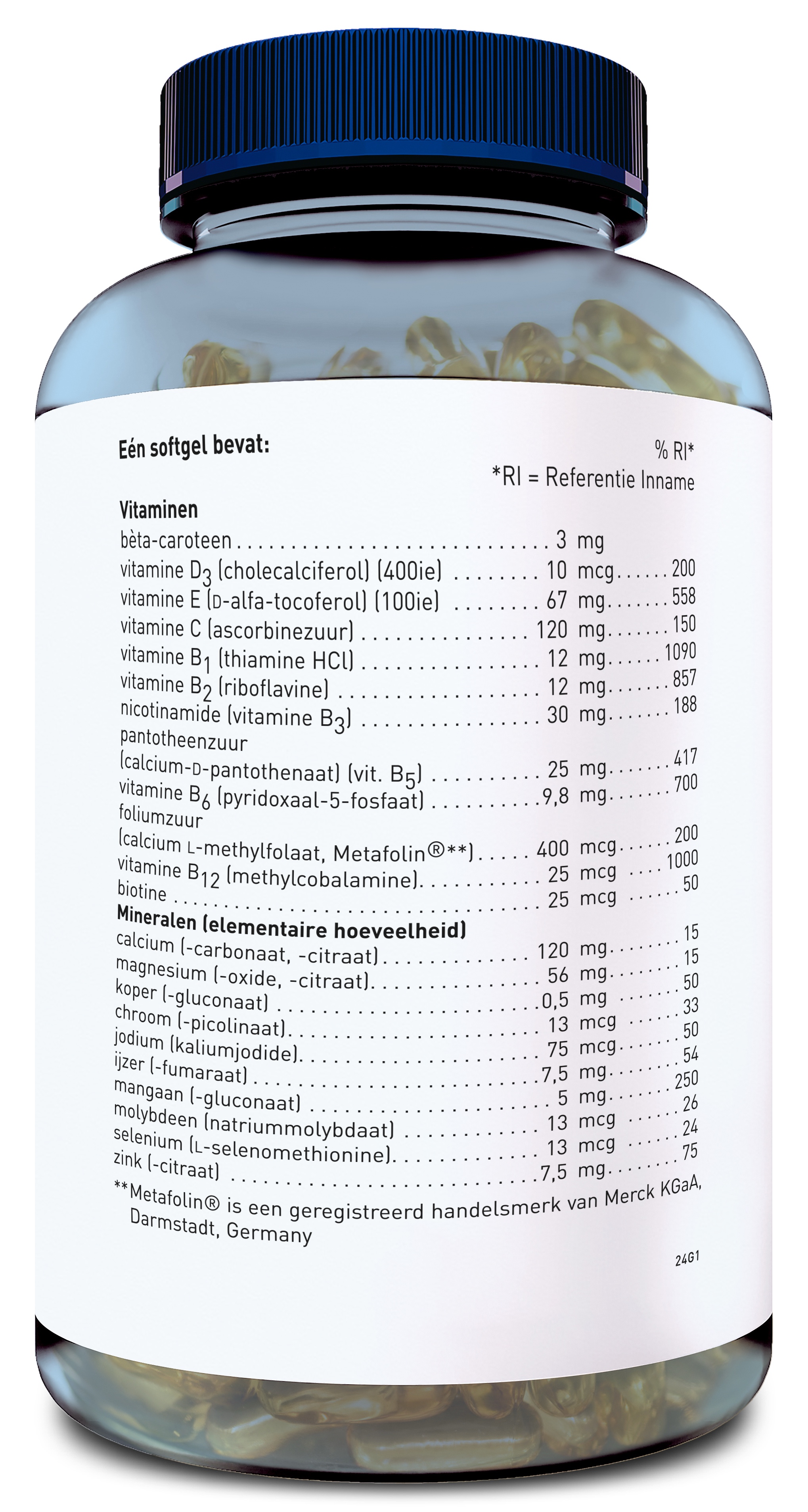 Produktfoto: Das Bild zeigt eine durchsichtige Plastikflasche mit blauer Kappe, die mit Nahrungsergänzungsmitteln gefüllt ist. Auf der Flasche befindet sich ein weißes Etikett mit den Nährstoffangaben der enthaltenen Vitamine, Mineralstoffe und Spurenelemente. Die Schrift ist in schwarzer Farbe gedruckt und umfasst detaillierte Informationen über Inhaltsstoffe wie Beta Carotin, Vitamin D3, Vitamin E und weitere. Die Flasche steht aufrecht und ist frontal abgebildet, sodass das Etikett gut lesbar ist.
