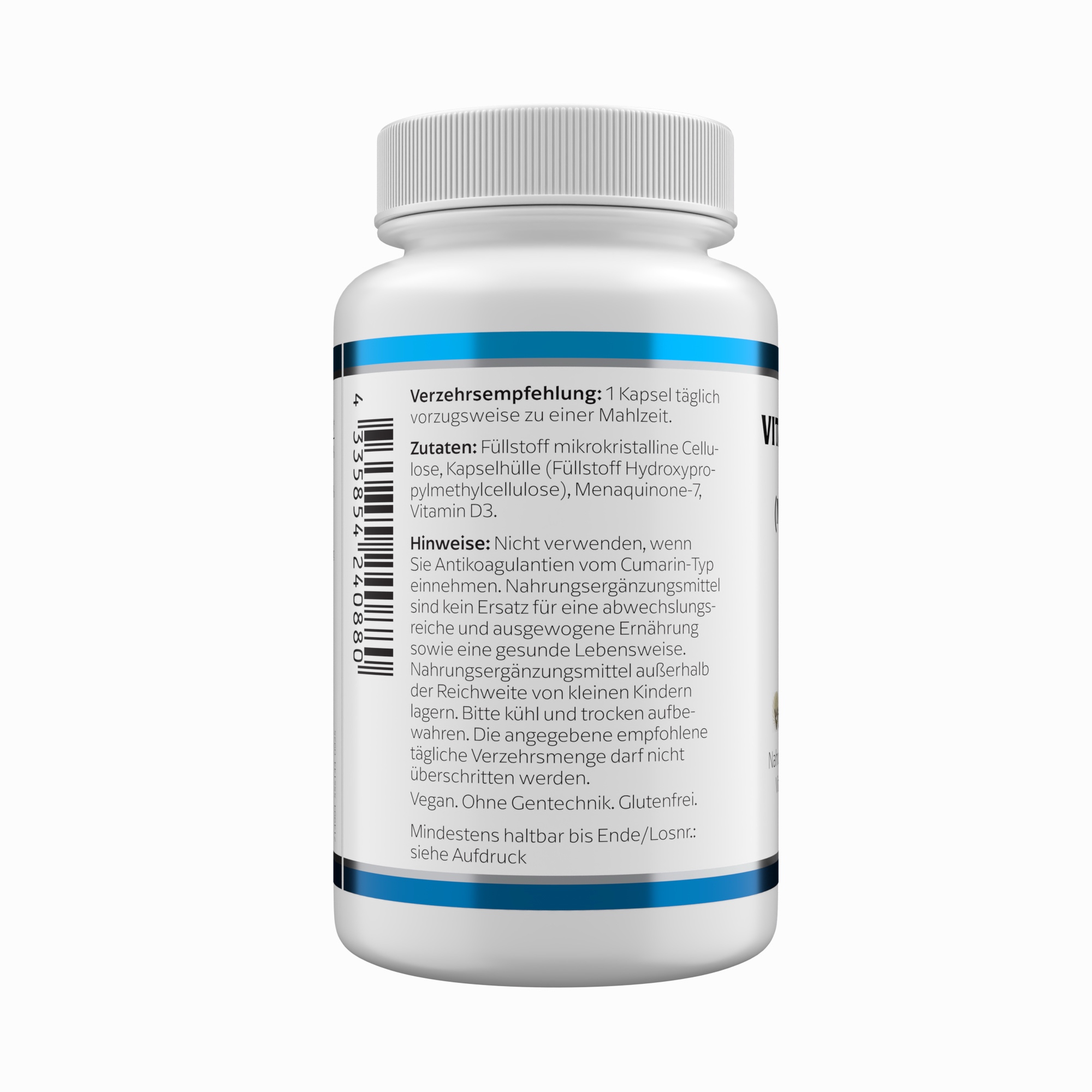 Produktfoto: Weißes Nahrungsergänzungsmittel-Fläschchen mit blauem Etikett. Text: Vitamin D3 & K2 FORTE (Menaquinon-7), 60 Kapseln, KLEAN LABS.
