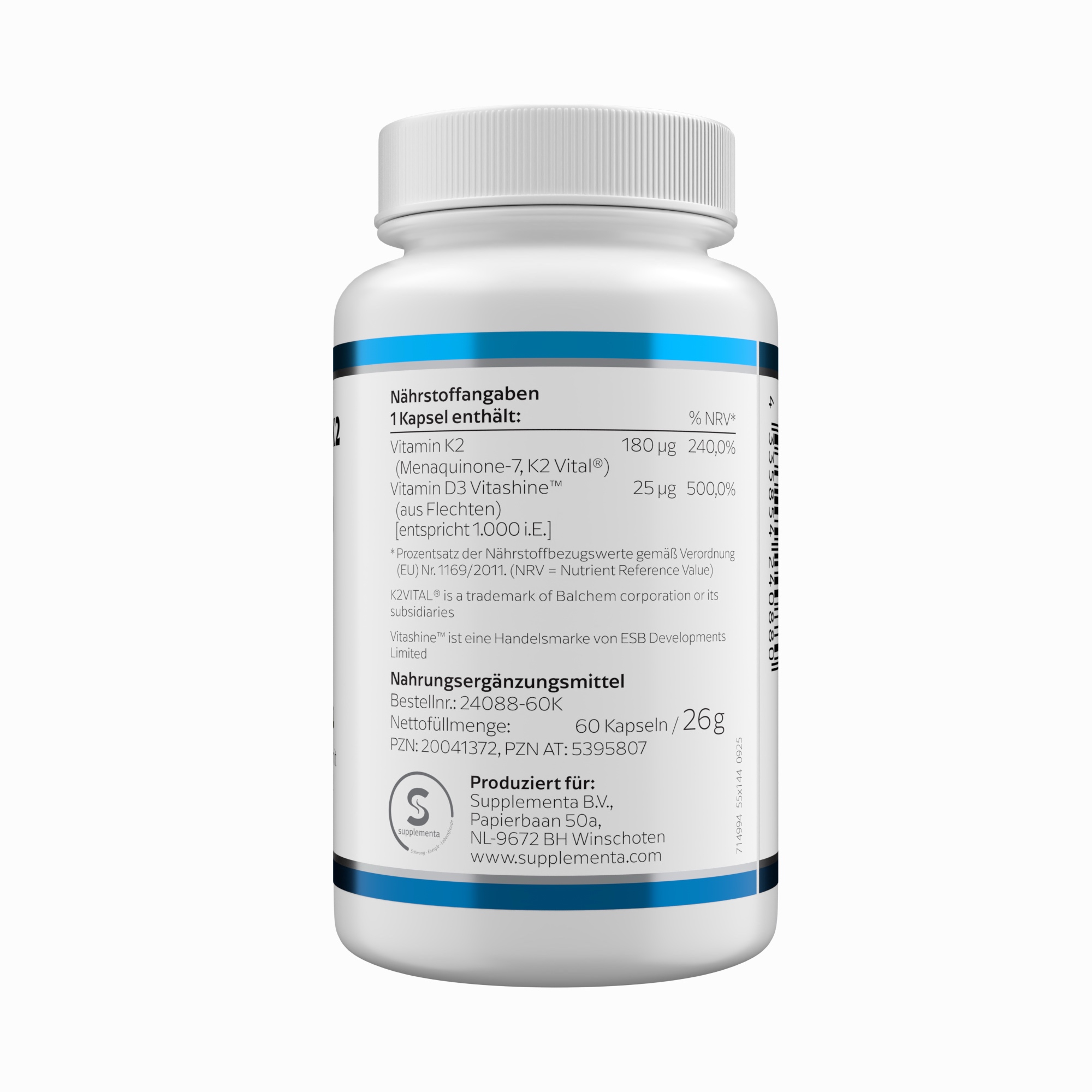 Produktfoto: Weißes Nahrungsergänzungsmittel-Fläschchen mit blauem Etikett. Text: Vitamin D3 & K2 FORTE (Menaquinon-7), 60 Kapseln, KLEAN LABS.