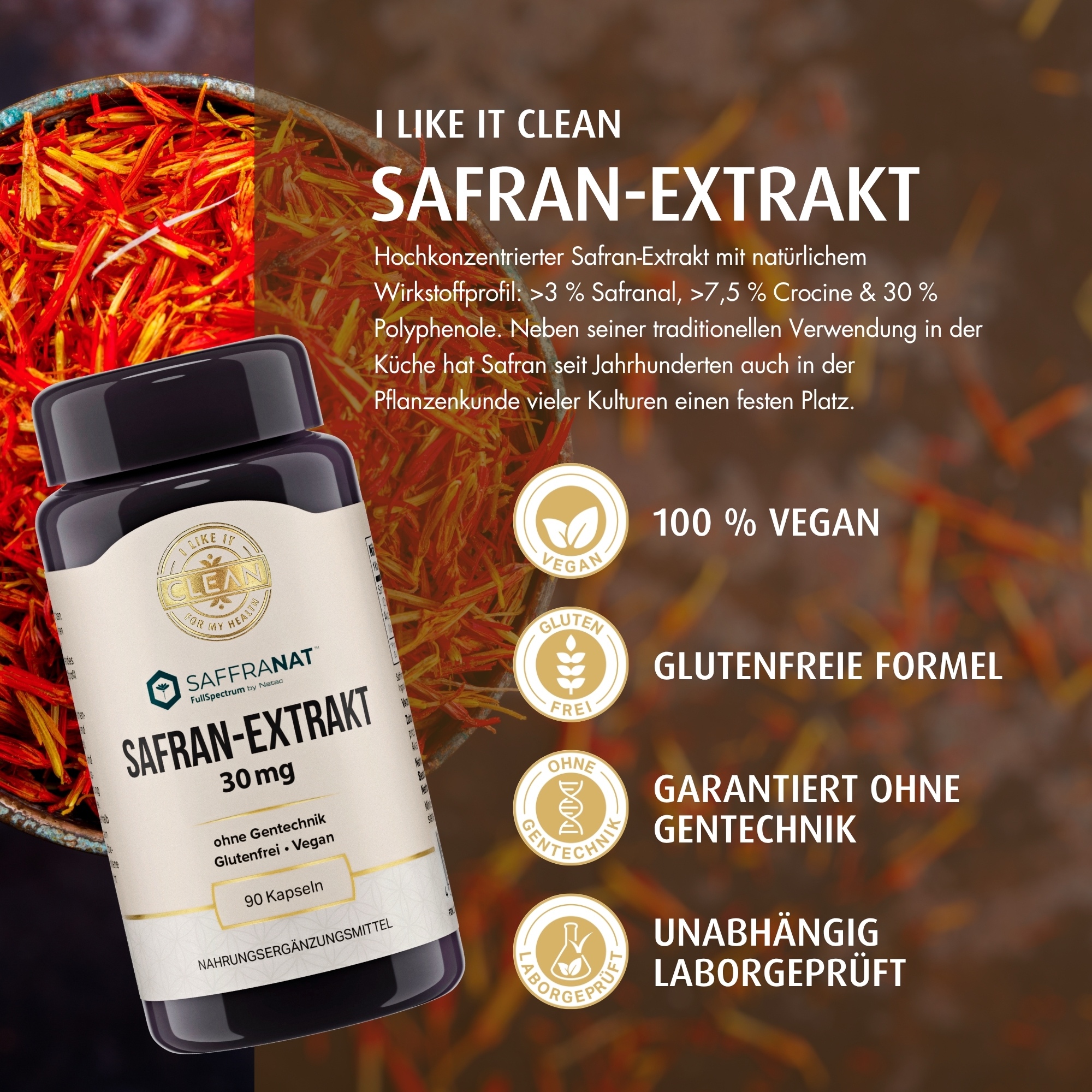 Produktfoto: Safran-Extrakt 30 mg (Saffranat™) | i like it clean