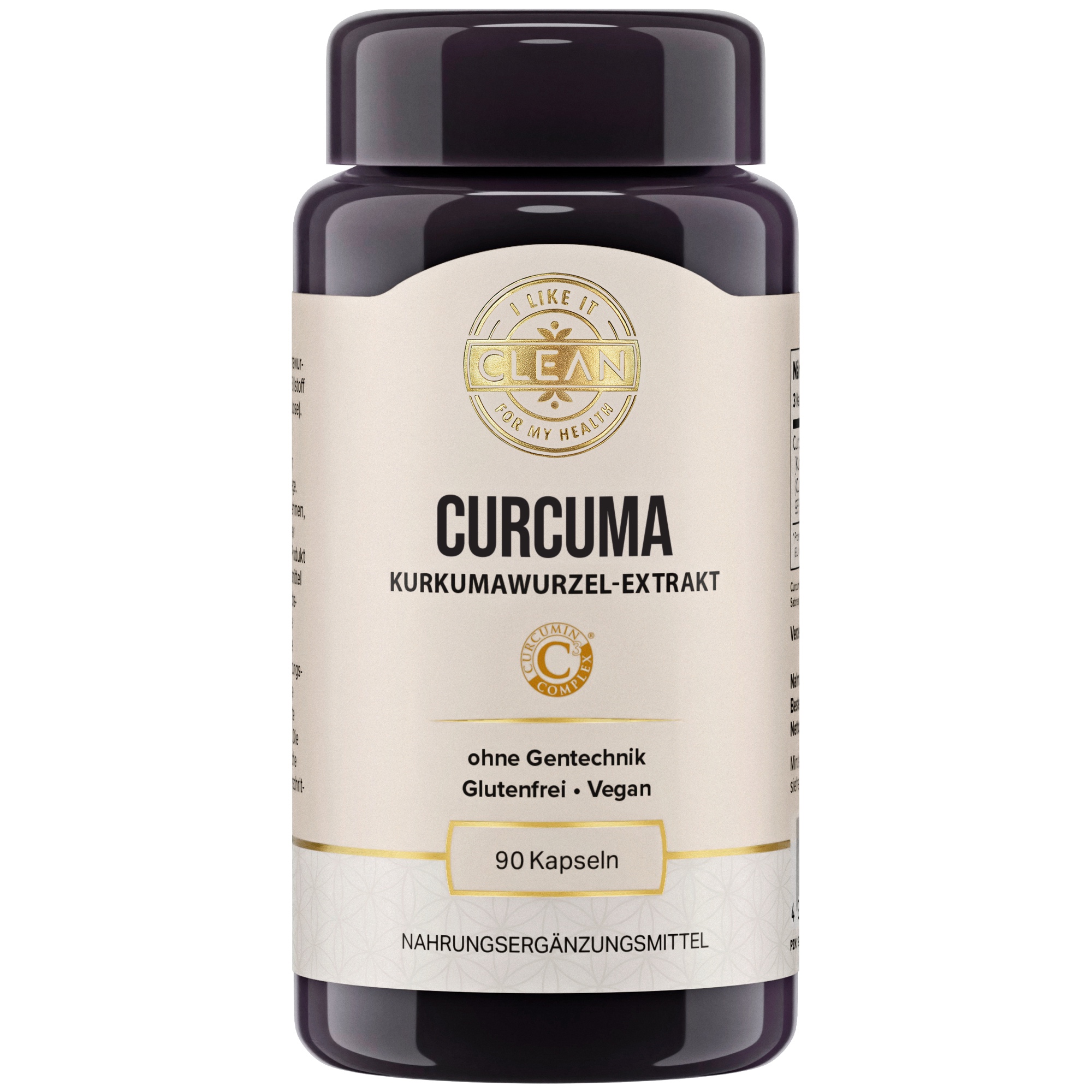 Produktfoto: Das Bild zeigt ein Nahrungsergänzungsmittel namens “I LIKE IT CLEAN CURCUMIN“ in einer schwarzen Flasche. Im Hintergrund sind Kurkumapulver und -wurzeln zu sehen. Auf der Flasche steht: “Kurkuma Wurzel-Extrakt, ohne Gentechnik, glutenfrei, vegan, 90 Kapseln“. Daneben befinden sich Symbole und Texte, die auf die Eigenschaften des Produkts hinweisen: 100 % vegan, glutenfreie Formel, garantiert ohne Gentechnik, unabhängig laborgeprüft. Im Hintergrund ist eine Schale mit Kurkumapulver zu sehen.