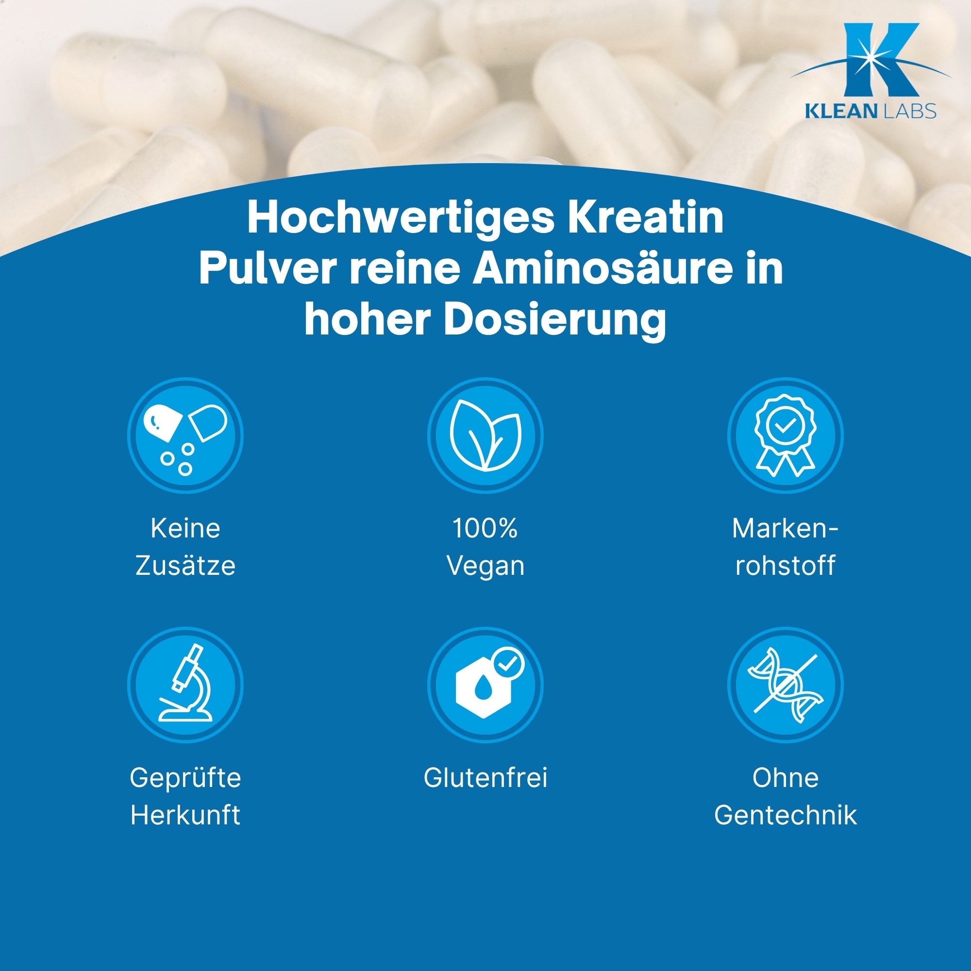 Produktfoto: Eine weiße Plastikdose mit einem blauen Etikett, das Informationen zu einem Nahrungsergänzungsmittel enthält. Das Etikett beschreibt Kreatin Monohydrat mit der Marke Creapure, 450g Inhalt. Herstellerinformationen und Nährstoffangaben sind ebenfalls sichtbar.