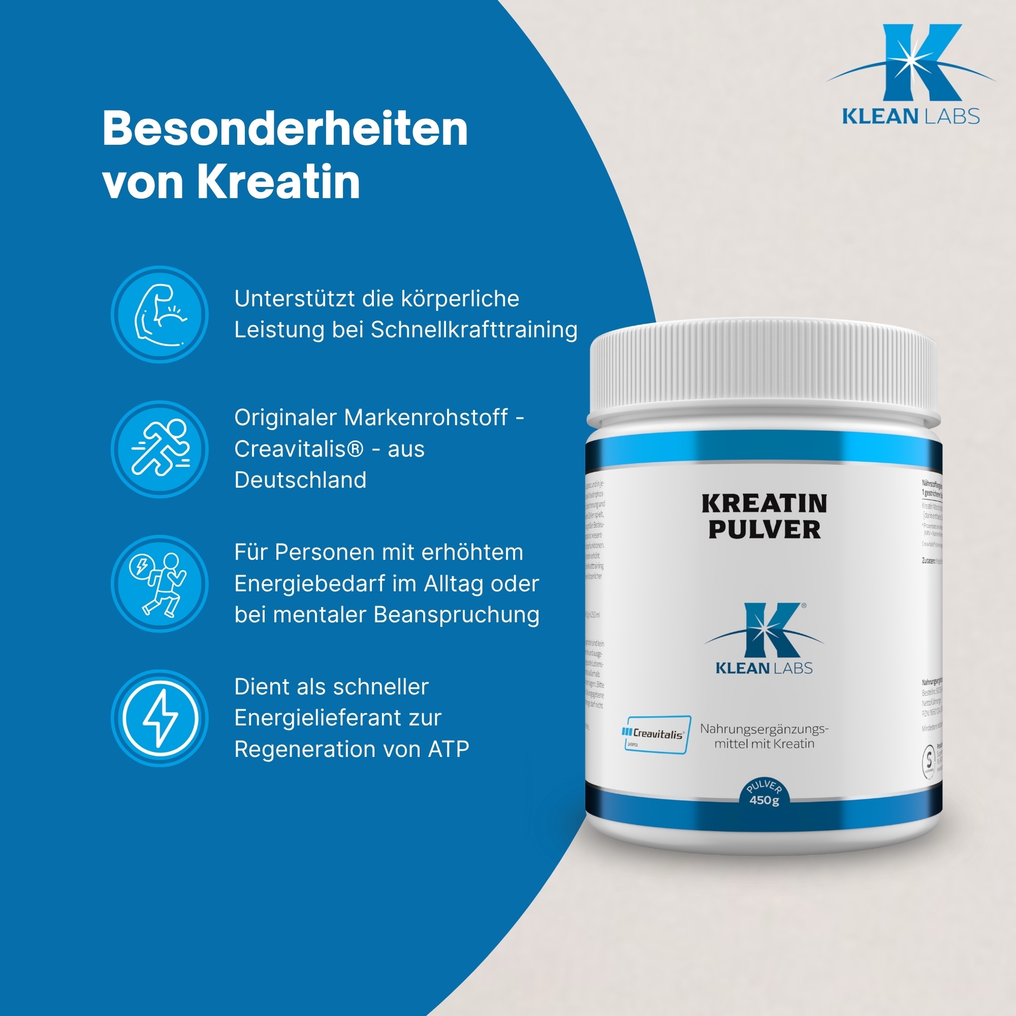 Produktfoto: Eine weiße Plastikdose mit einem blauen Etikett, das Informationen zu einem Nahrungsergänzungsmittel enthält. Das Etikett beschreibt Kreatin Monohydrat mit der Marke Creapure, 450g Inhalt. Herstellerinformationen und Nährstoffangaben sind ebenfalls sichtbar.