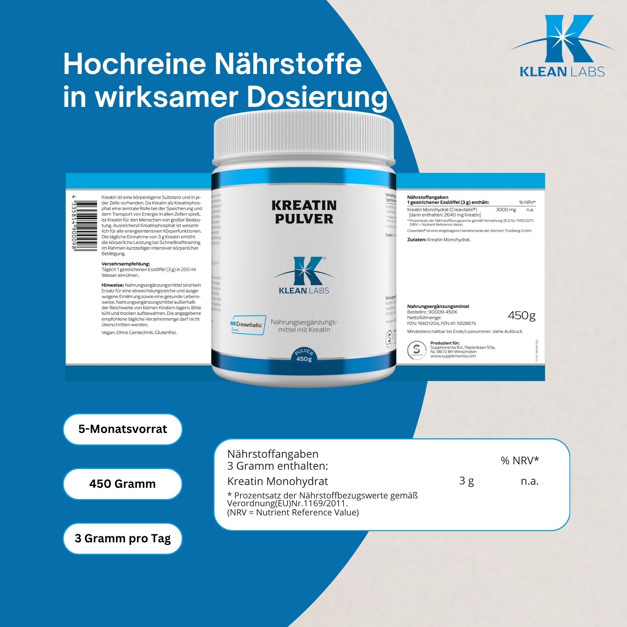 Produktfoto: Eine weiße Plastikdose mit einem blauen Etikett, das Informationen zu einem Nahrungsergänzungsmittel enthält. Das Etikett beschreibt Kreatin Monohydrat mit der Marke Creapure, 450g Inhalt. Herstellerinformationen und Nährstoffangaben sind ebenfalls sichtbar.