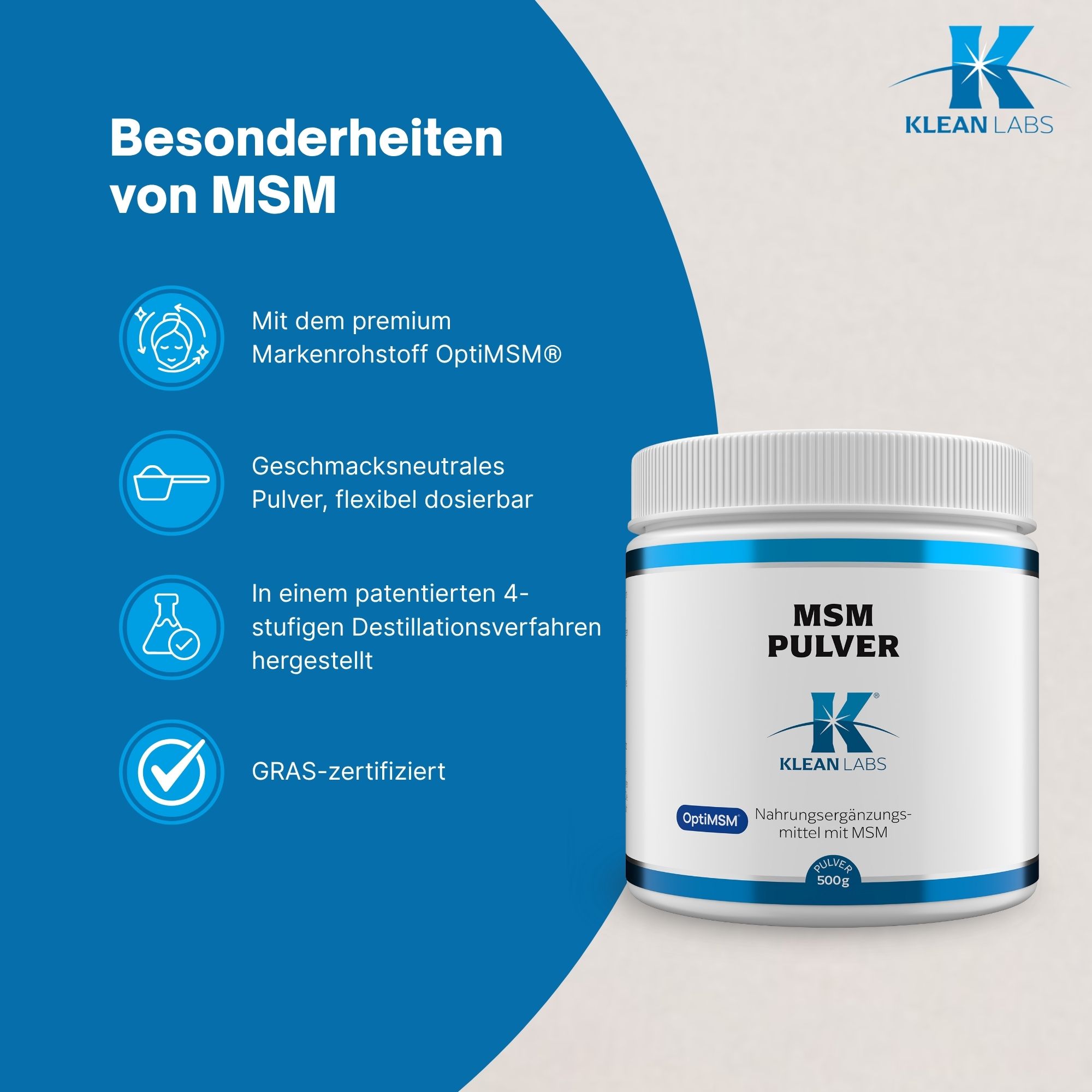 Produktfoto: Ein weißer Behälter mit blauem Etikett, das Text über organisch gebundenen Schwefel (MSM) enthält. Der Text beschreibt die Vorteile von MSM für Kollagenbildung und strukturelle Integrität. Es gibt Verzehrempfehlungen und Hinweise zur Lagerung. Der Behälter ist vegan, ohne Gentechnik und glutenfrei.