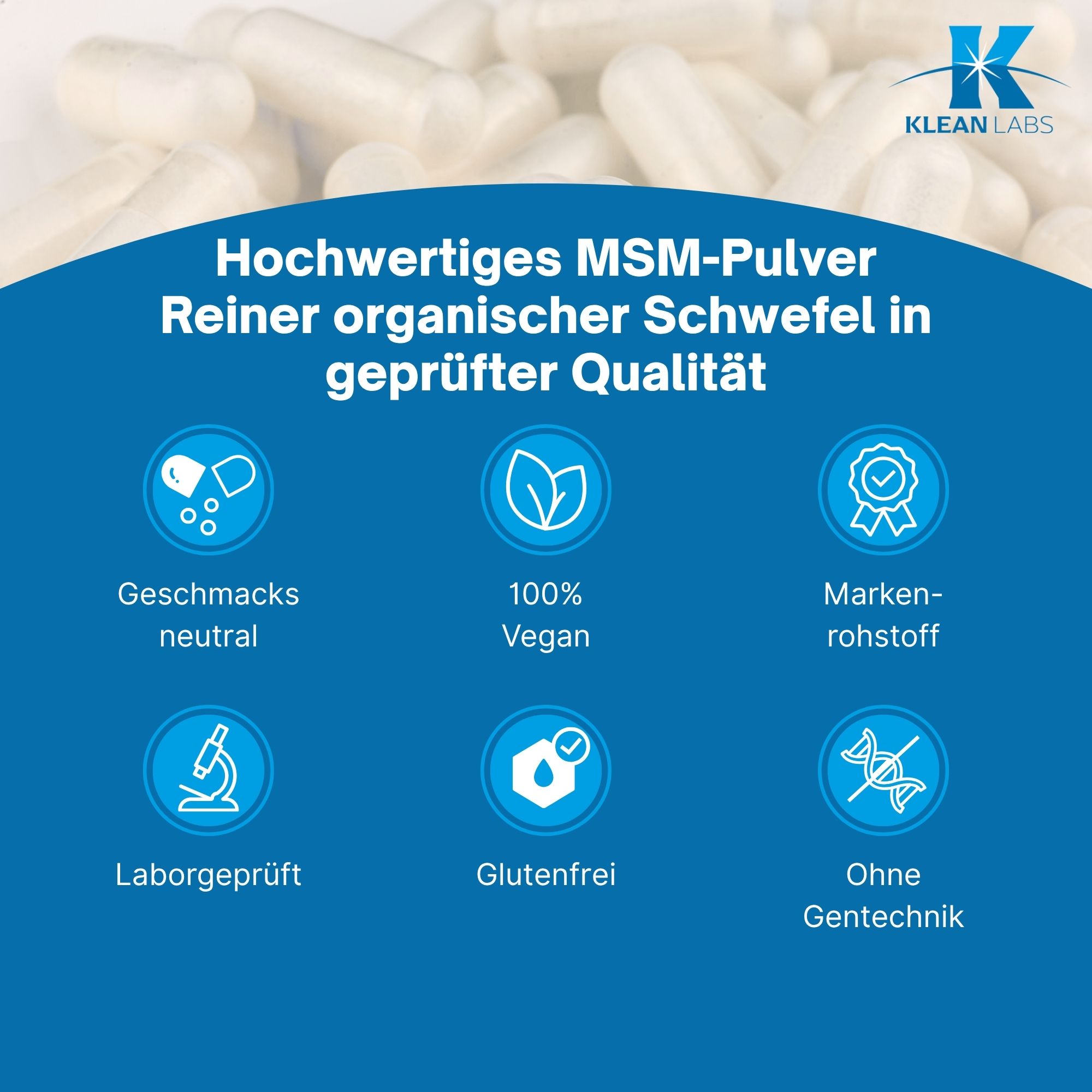 Produktfoto: Ein weißer Behälter mit blauem Etikett, das Text über organisch gebundenen Schwefel (MSM) enthält. Der Text beschreibt die Vorteile von MSM für Kollagenbildung und strukturelle Integrität. Es gibt Verzehrempfehlungen und Hinweise zur Lagerung. Der Behälter ist vegan, ohne Gentechnik und glutenfrei.
